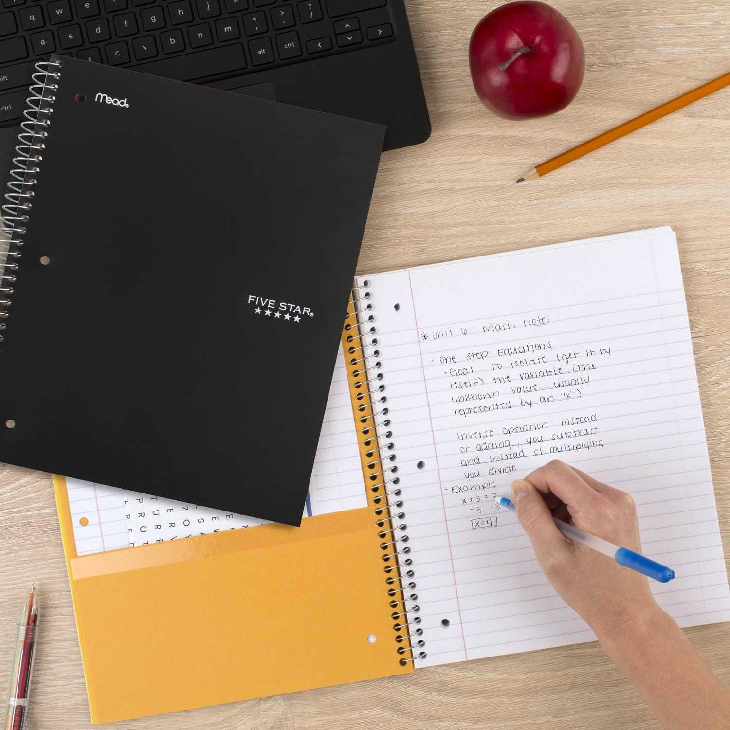 Shows the product (Five Star notebook) in a real-world study or work context to help shoppers visualize how they would use it in their daily life.