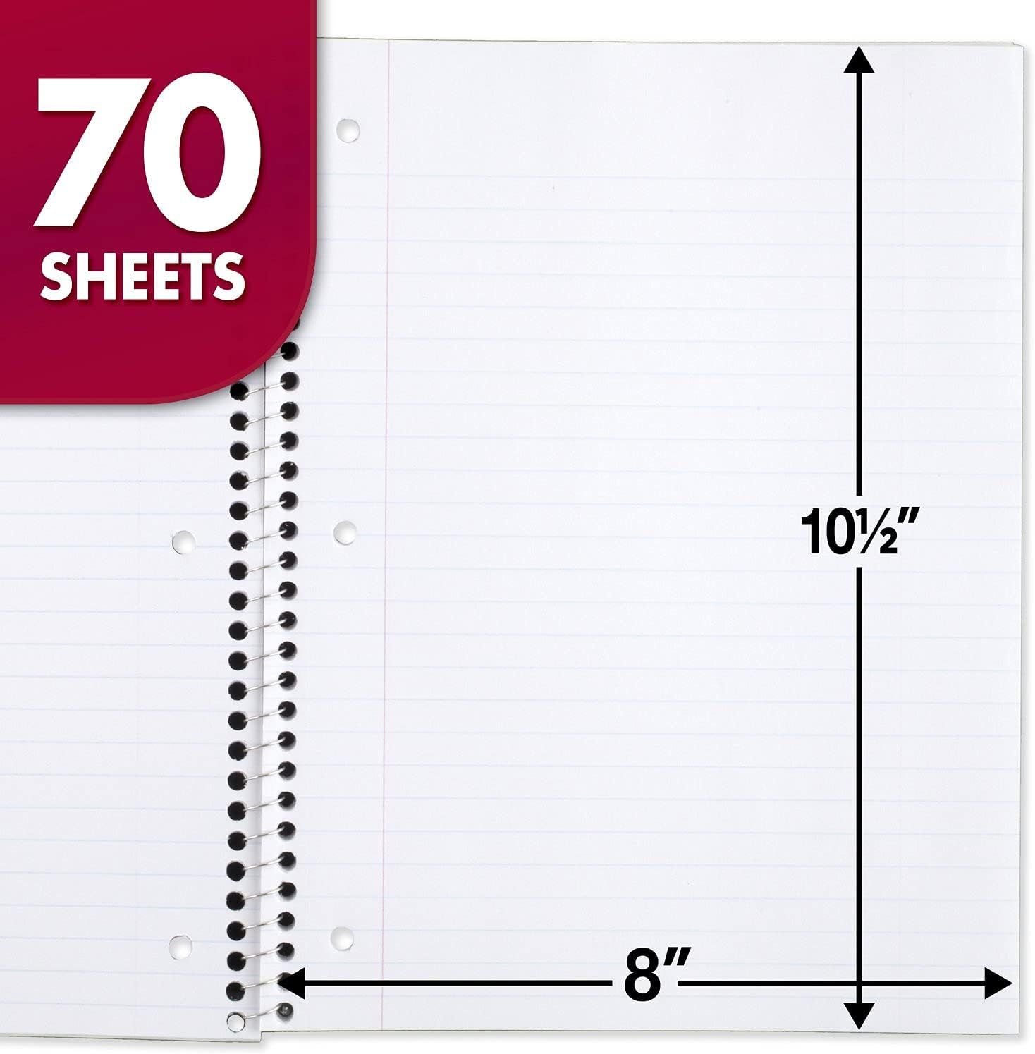 Communicates the exact physical size of the notebook paper (8 inches by 10.5 inches) and quantity (70 sheets) to help shoppers understand what they're…