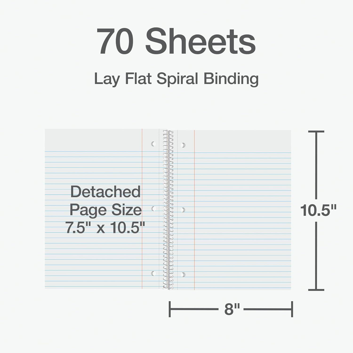 Communicates the exact physical dimensions of the notebook (8 inches x 10.5 inches) and detached page size (7.5 inches x 10.5 inches), along with the sheet…