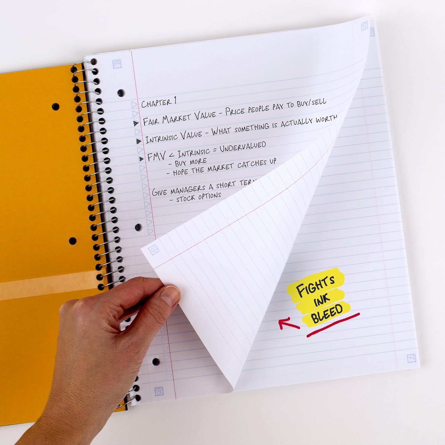 Demonstrates the paper's ability to prevent ink from bleeding through pages, reassuring shoppers that the notebook is suitable for writing with various pen…