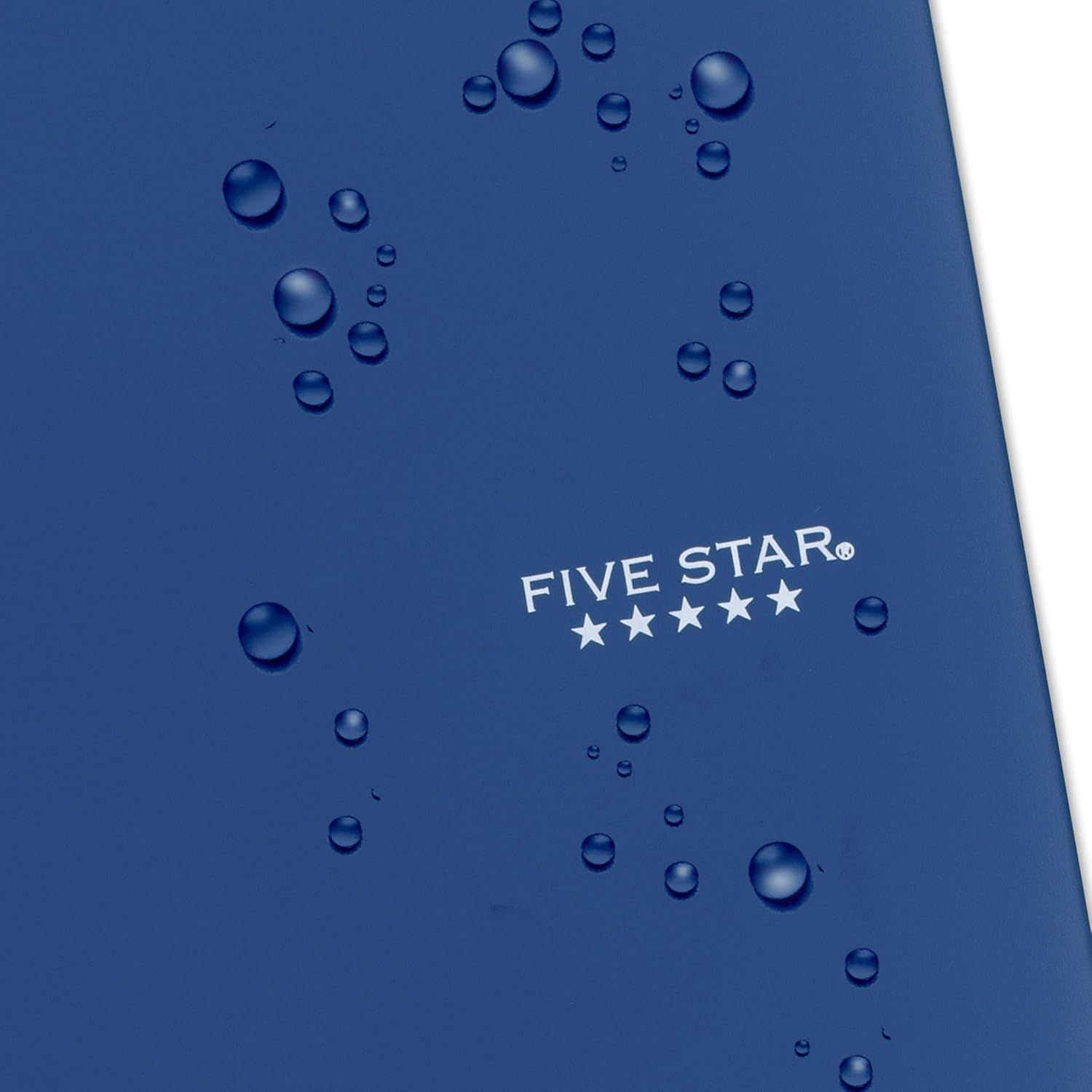 Communicates the Five Star brand identity while visually demonstrating the product's waterproof or water-resistant properties through water droplets on the…
