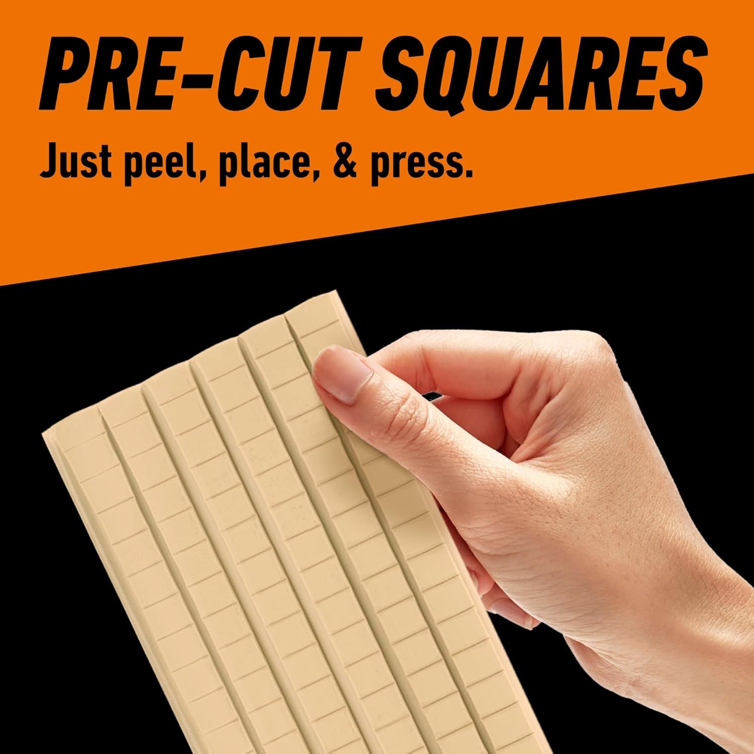 Demonstrates the simple three-step application process (peel, place, press) to reassure shoppers that the product is easy to use without cutting or measuring.…