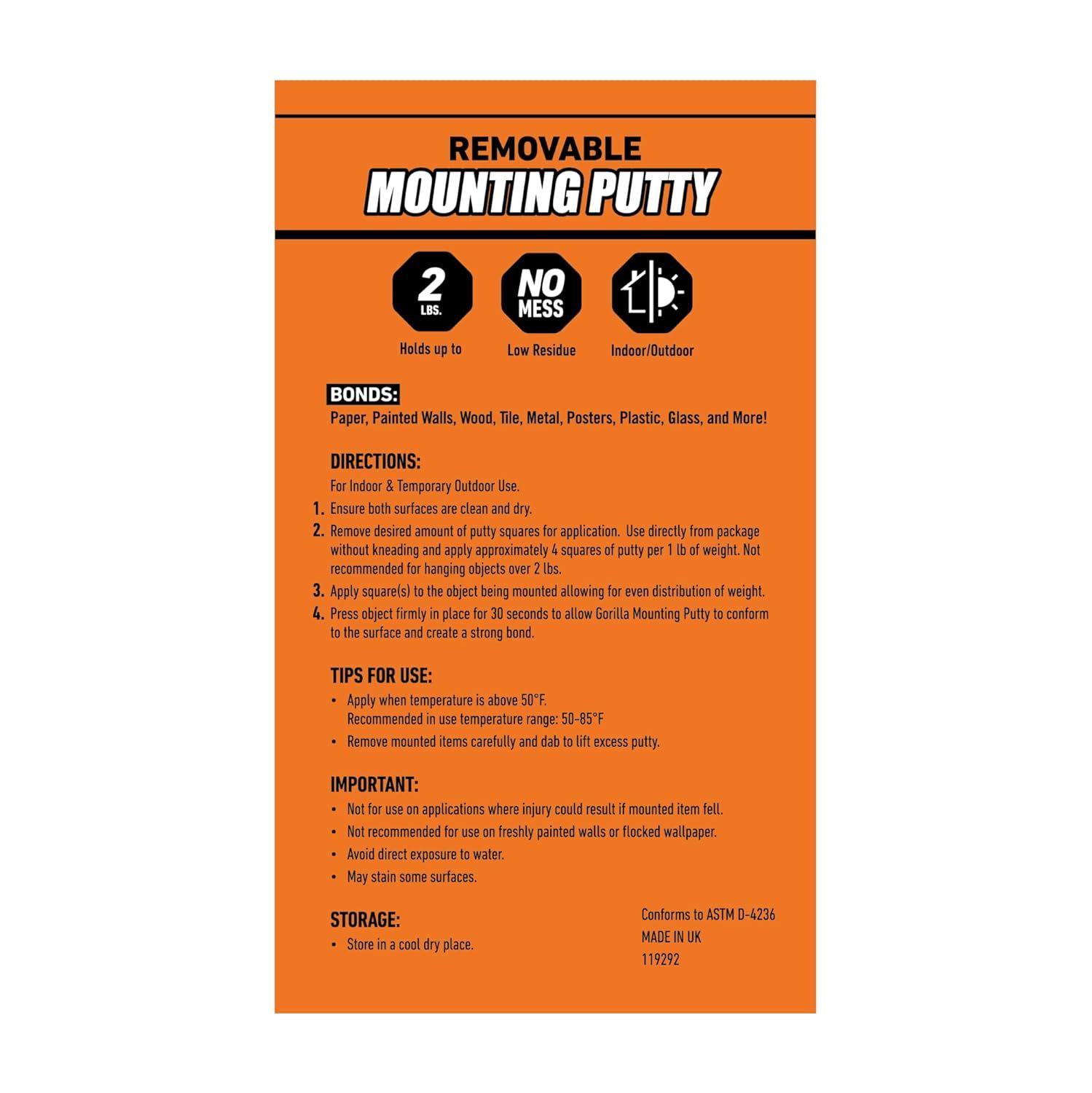 Communicates multiple key benefits of the mounting putty in a segmented layout with icons, showing weight capacity, clean application, and versatility to reassure shoppers of its performance.