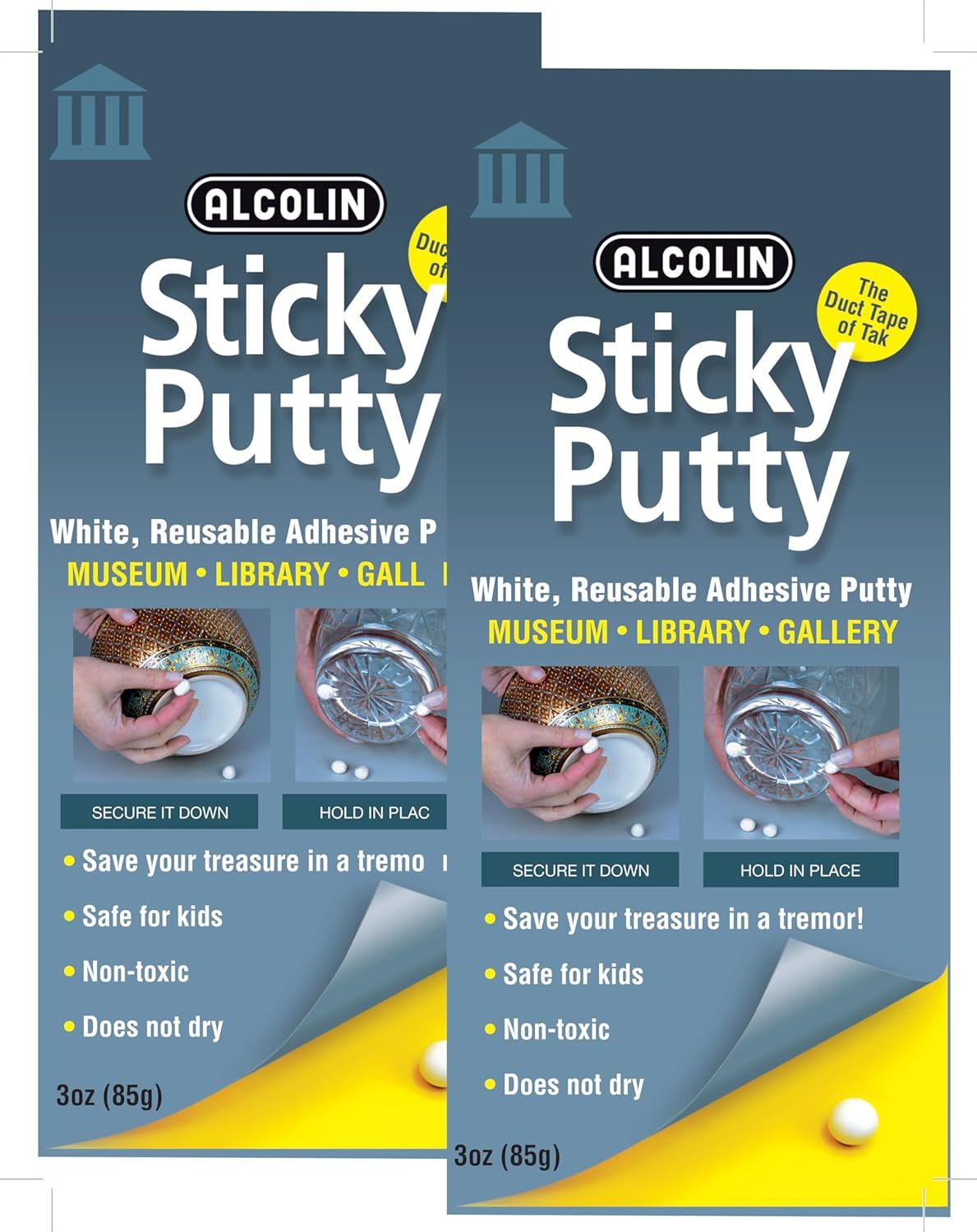 Communicates multiple distinct benefits of the sticky putty including safety features, reusability, and specific use cases for securing valuables in museums, libraries, and galleries.