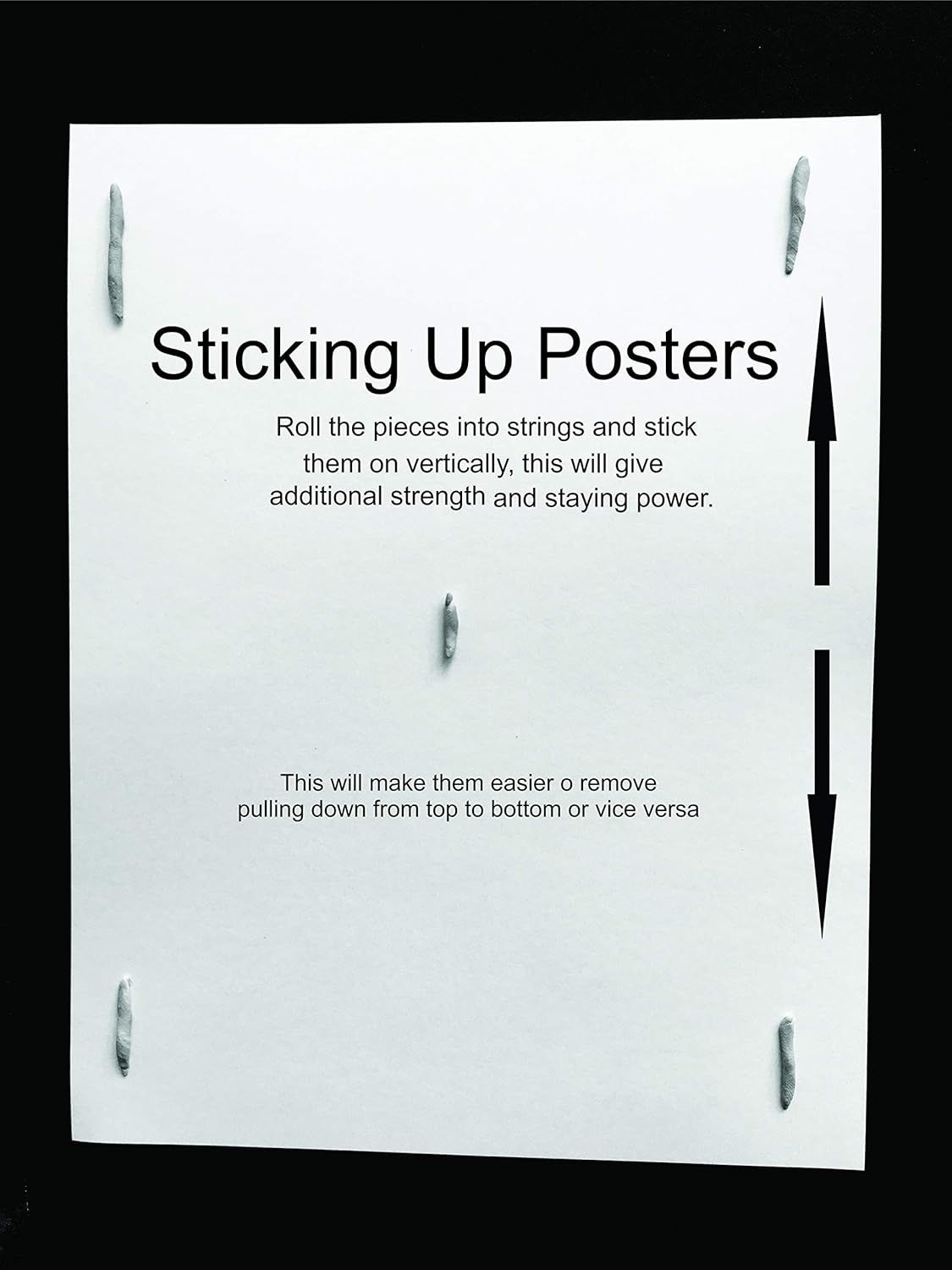 Provides step-by-step guidance on how to properly install poster adhesive by rolling pieces into strings and applying them vertically for better strength and easier removal. Communicates the key…