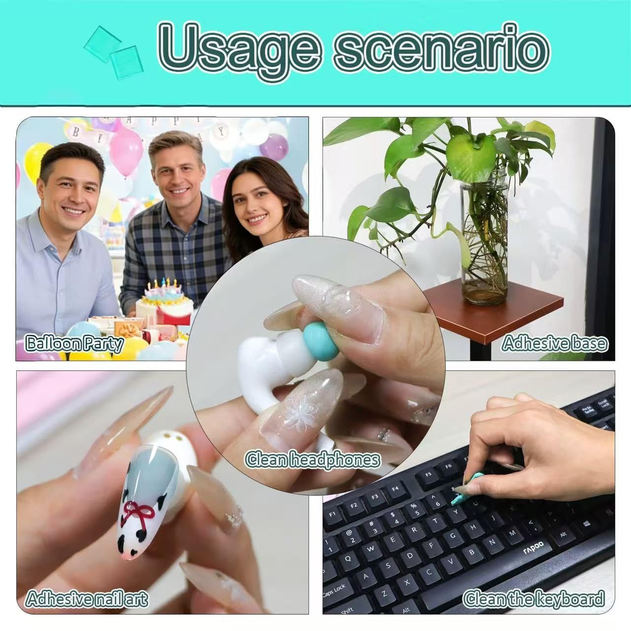 Demonstrates the product's versatility by showing five different real-world scenarios where it can be used, reassuring shoppers that it's a multi-purpose solution for various cleaning and…
