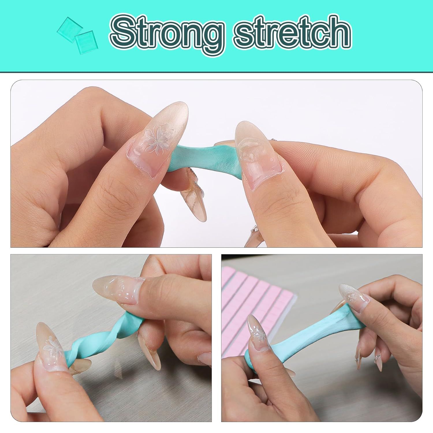 Demonstrates the product's strong stretch and flexibility to reassure shoppers that the press-on nails are durable and won't break easily during application…