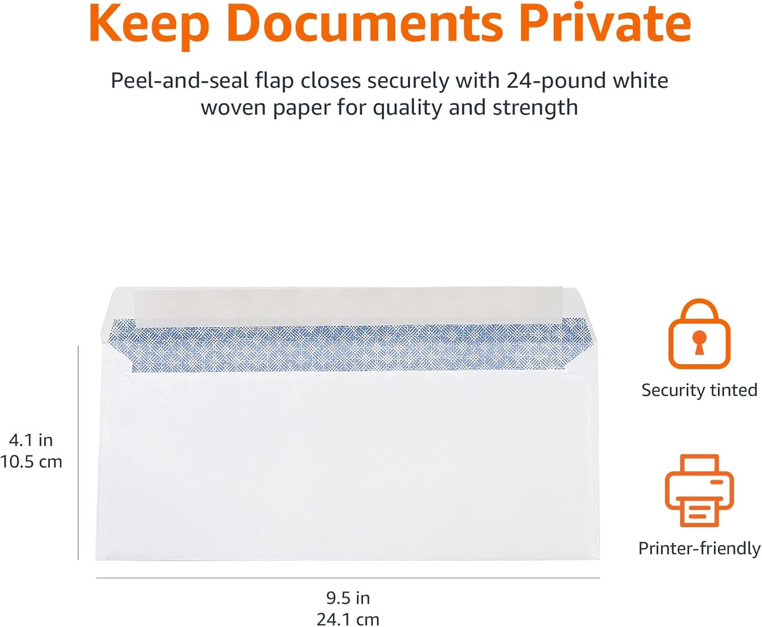 Communicates the exact physical dimensions of the envelope (9.5 x 4.1 inches) to help shoppers understand the size and ensure it fits their needs. Highlights multiple distinct benefits including…