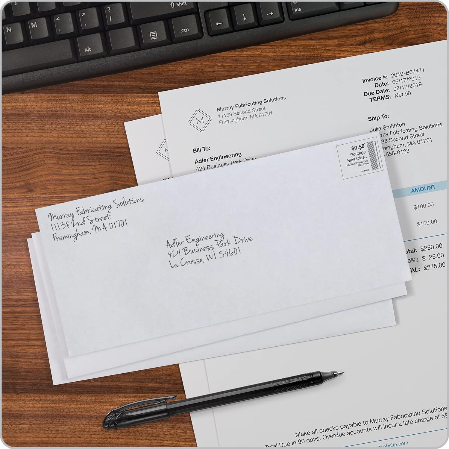 Demonstrates the product (envelopes) in a real-world office setting to help shoppers visualize how they would use the product in their own business or professional context.