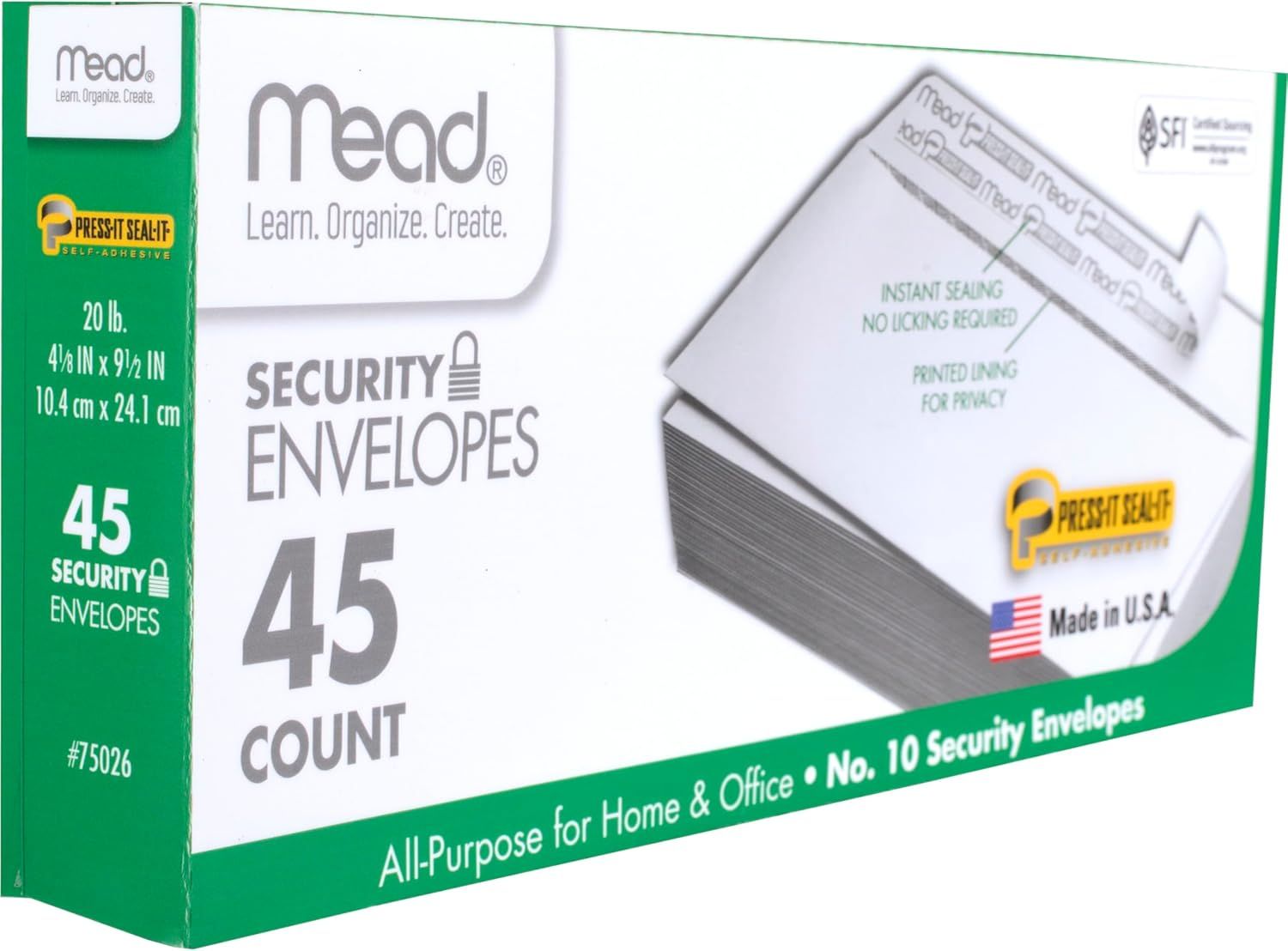 Shows the customer exactly what they receive in the package—45 security envelopes with self-adhesive closure and privacy lining—to set clear expectations about the product contents and quantity.