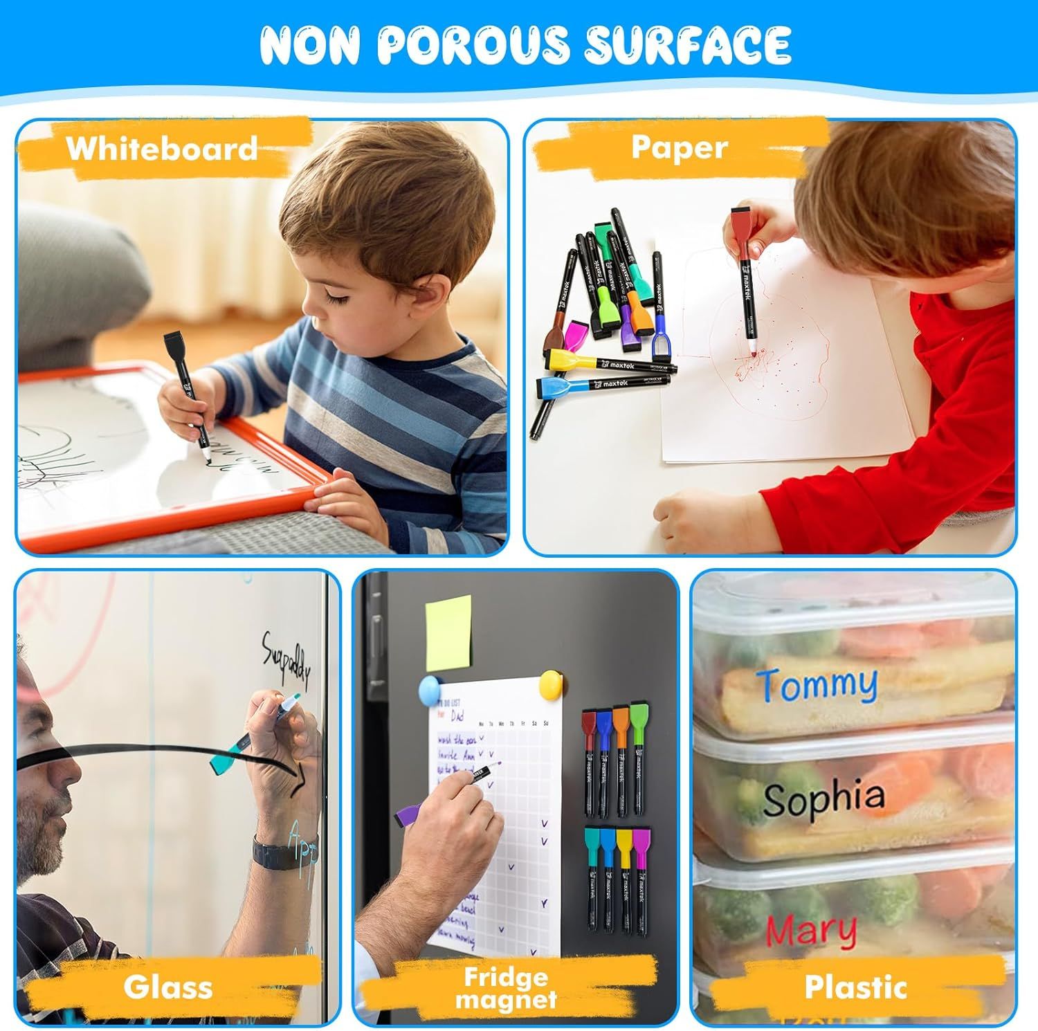 Demonstrates the multiple use cases and surfaces where the markers can be used, including whiteboard, paper, glass, fridge magnets, and plastic containers, reassuring shoppers of the product's…