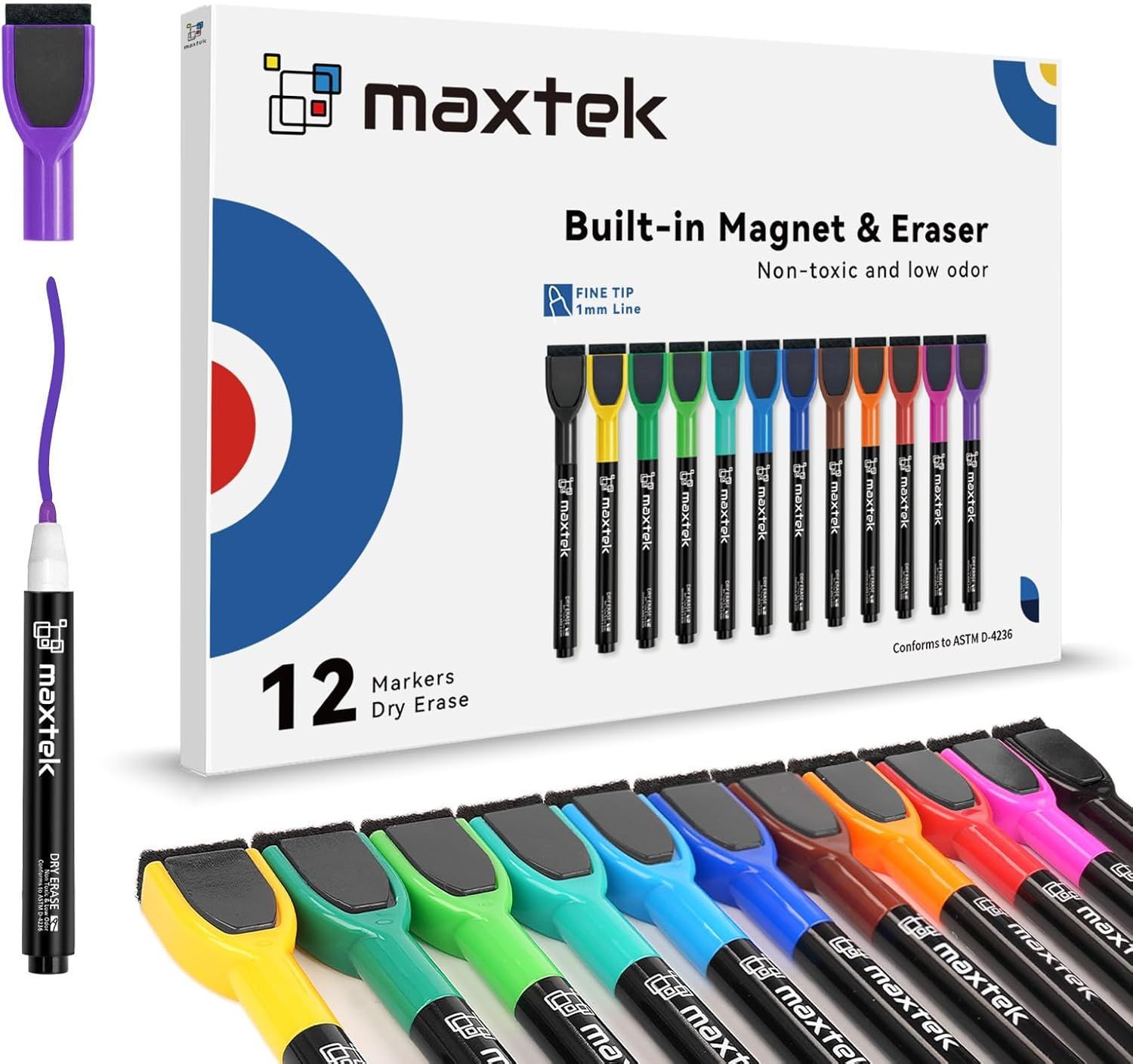 Shows the complete set of 12 dry erase markers in multiple colors that the customer receives, highlighting the built-in magnet and eraser features to demonstrate the full value of the purchase.