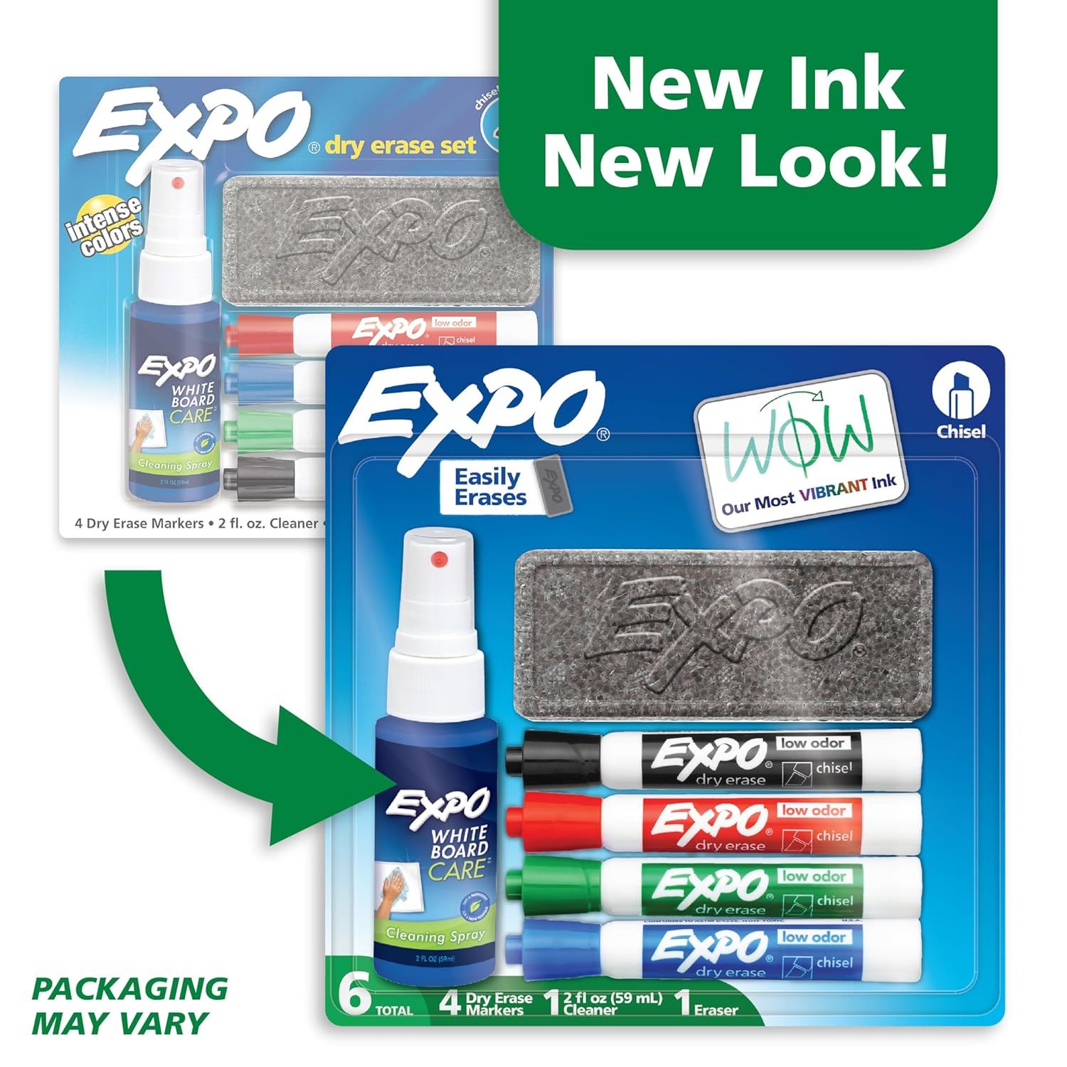 Shows the brand's updated packaging design and product lineup to inform shoppers of the new look while displaying the available product options in the Expo dry erase set.
