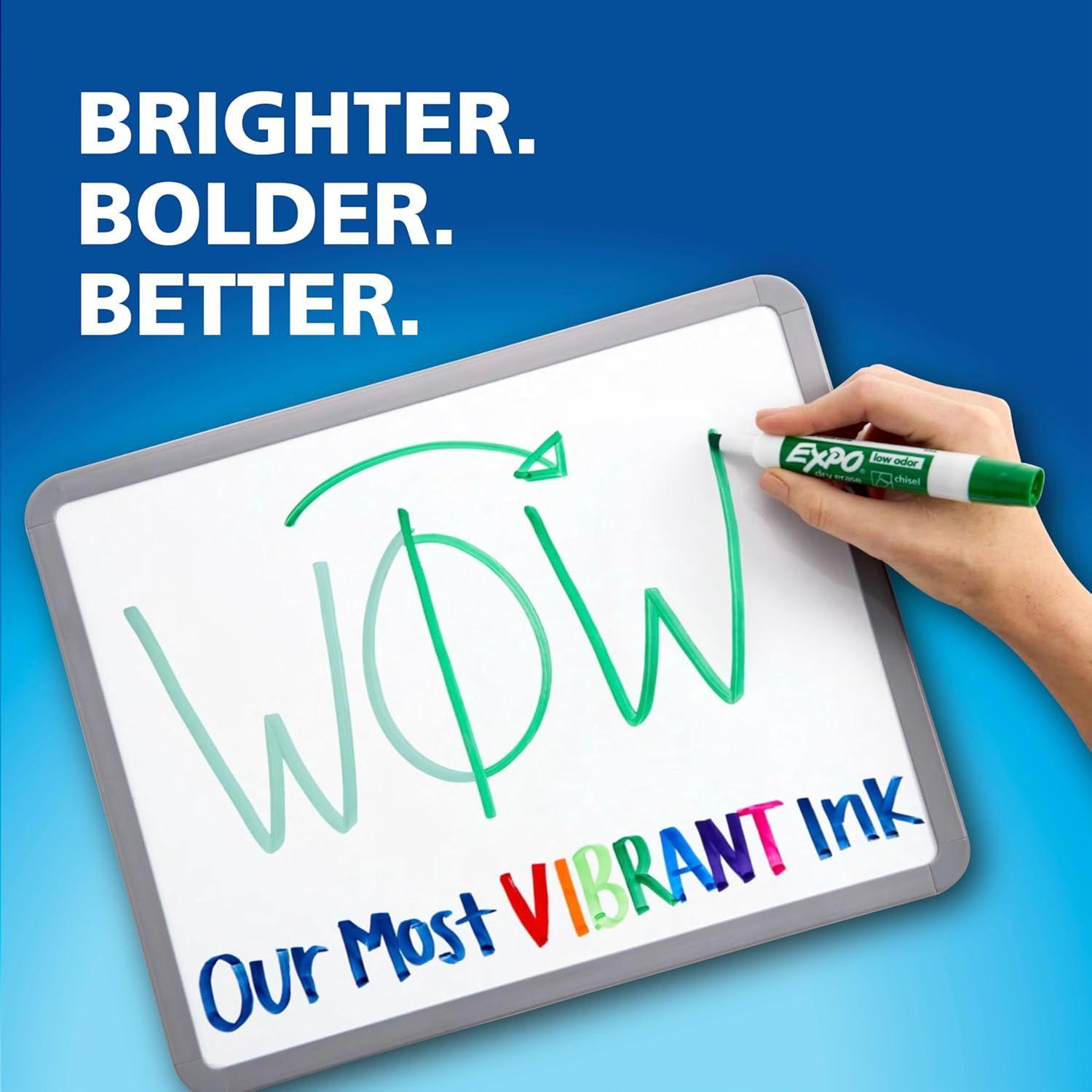 Highlights the marker's vibrant, bold ink quality to communicate superior color performance and visibility on whiteboards.