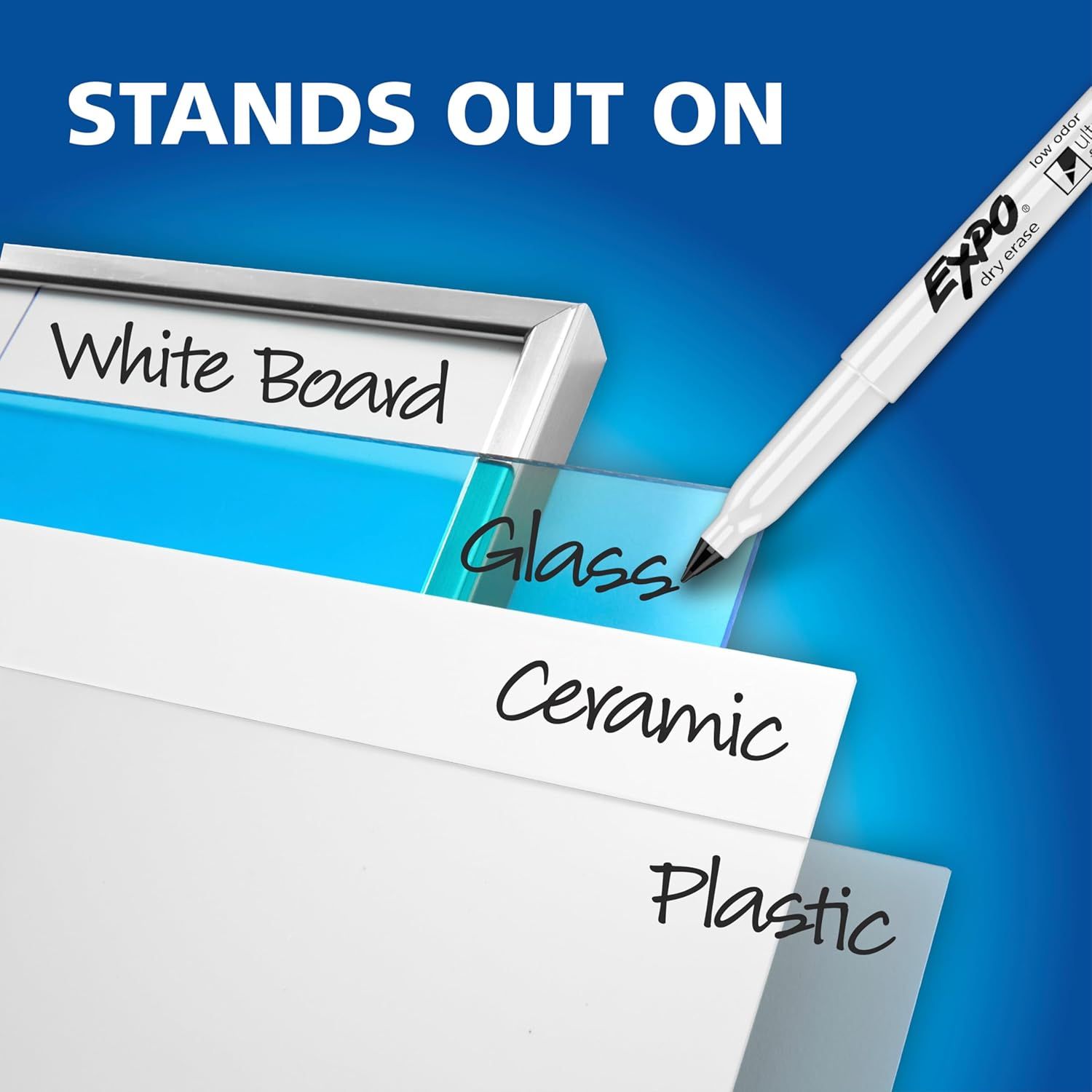 Demonstrates that the EXPO dry erase marker works on multiple surfaces including white board, glass, ceramic, and plastic, reassuring shoppers of its versatility.