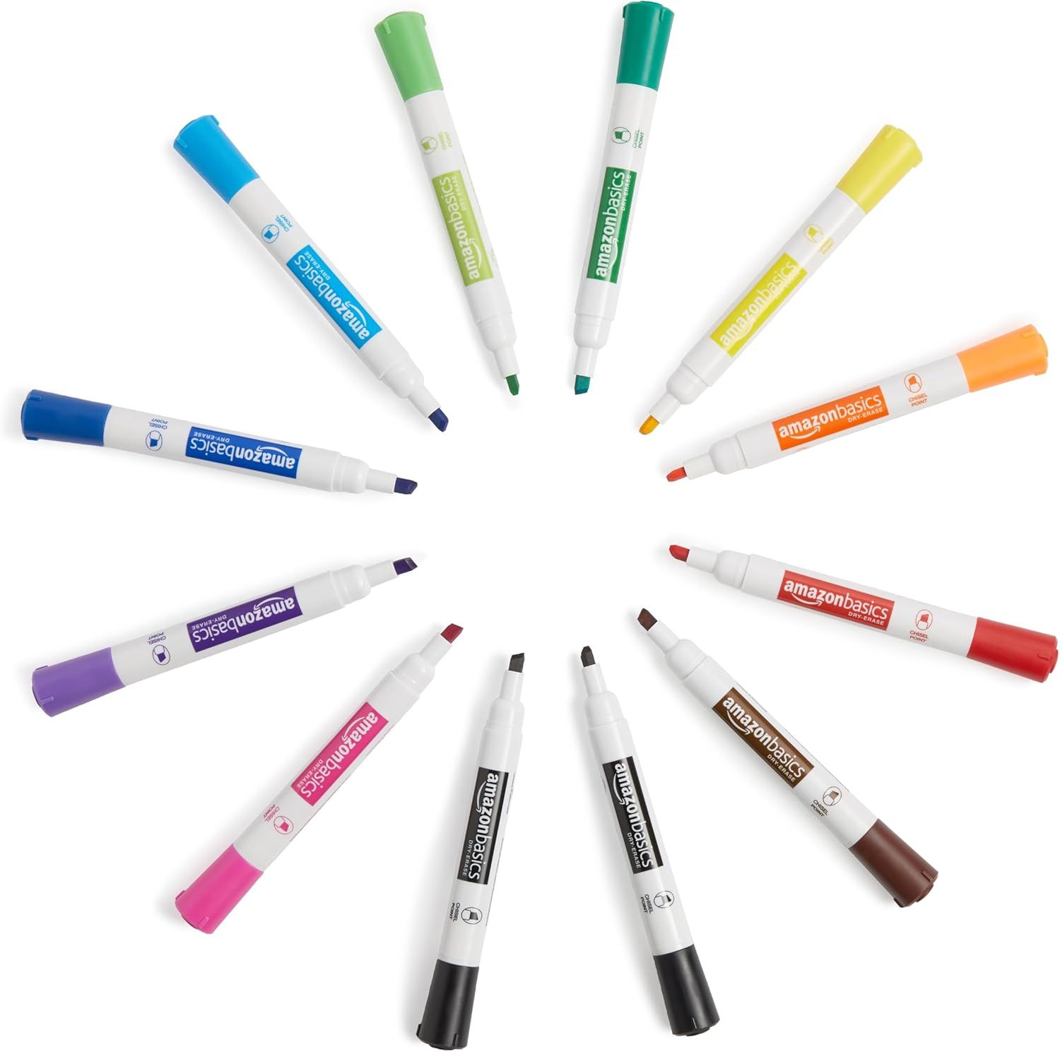 Displays the full range of marker colors available in the AmazonBasics product line to help shoppers understand the variety and options they can choose from.