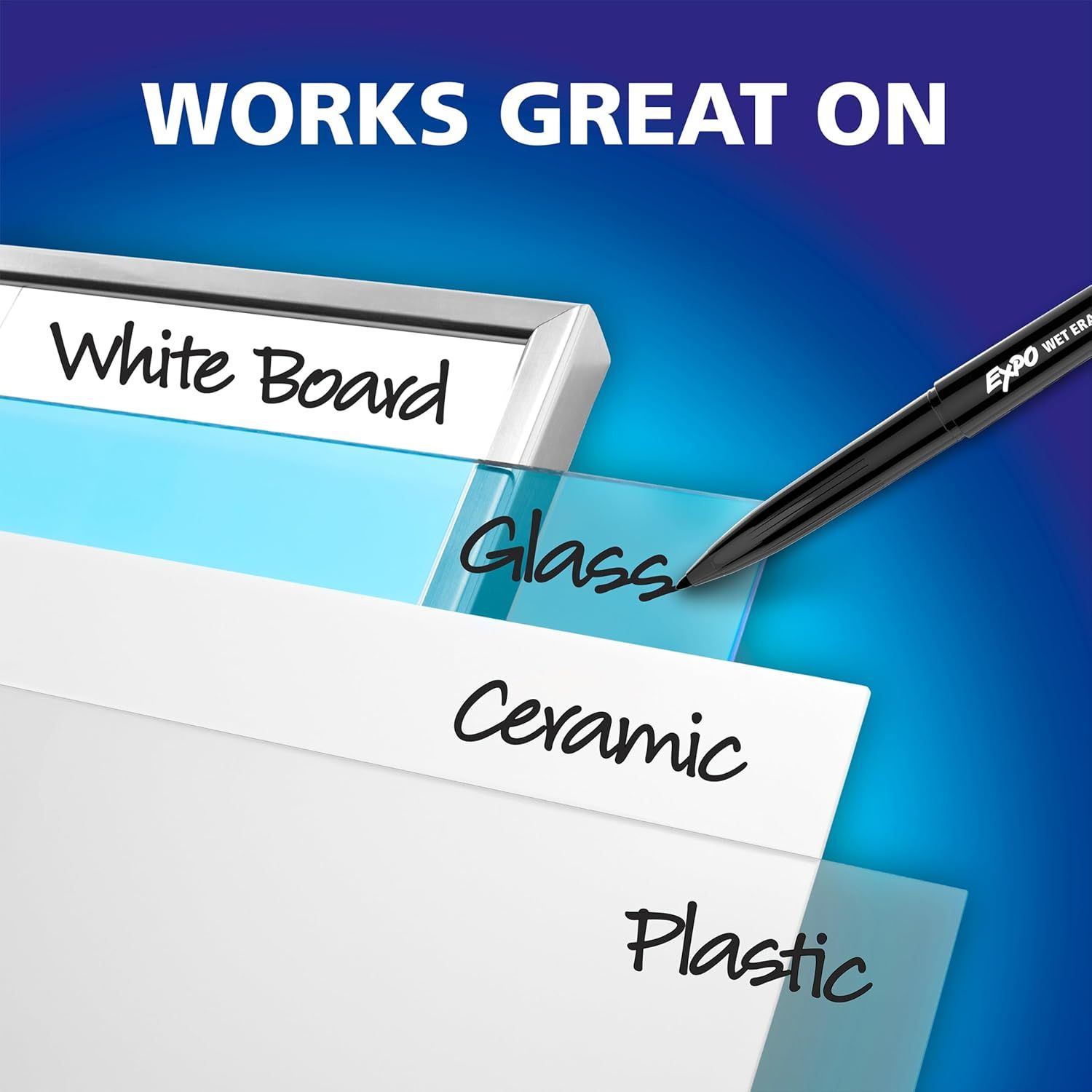 Demonstrates that the marker works effectively on multiple different surfaces (white board, glass, ceramic, and plastic), reassuring shoppers of its versatility and broad usability.