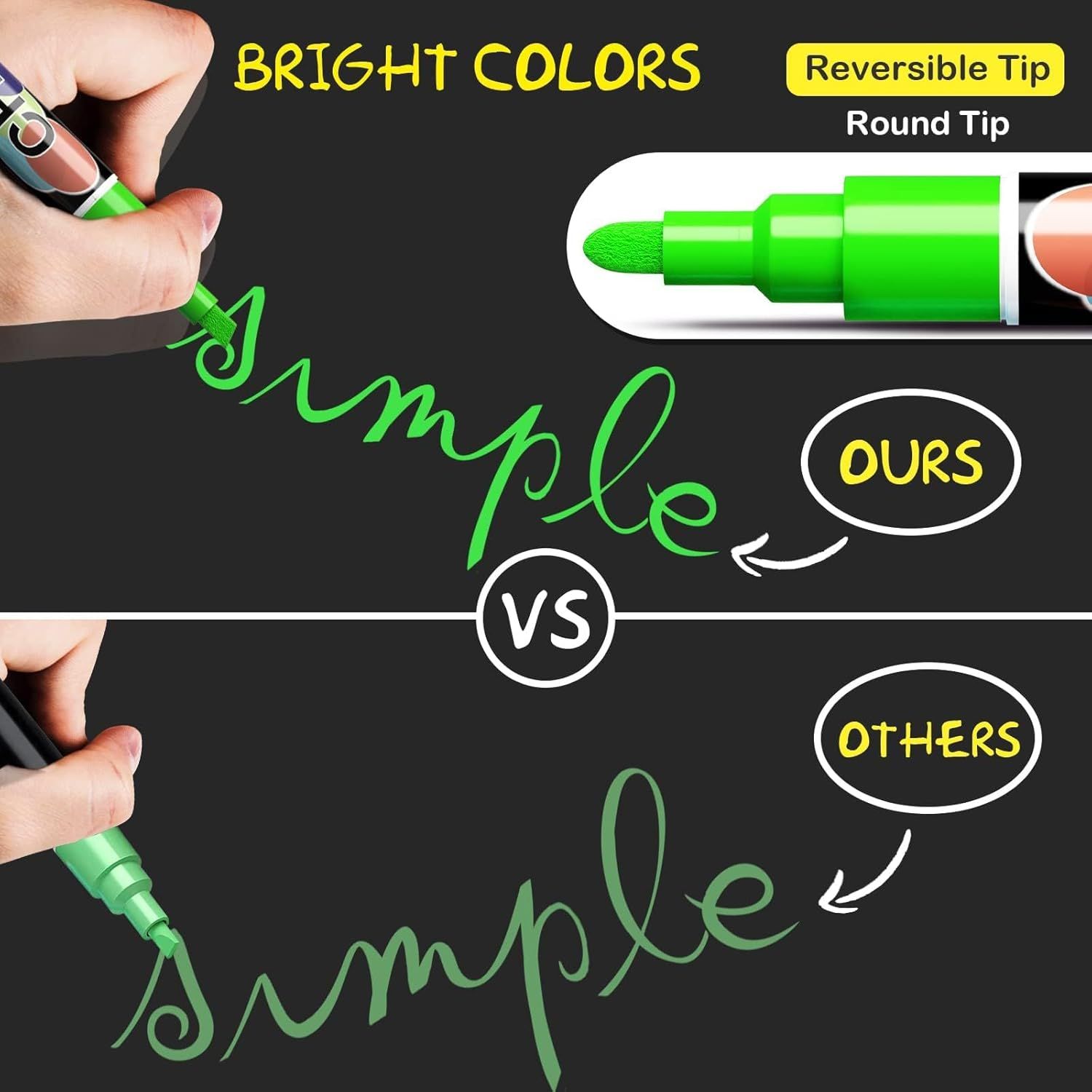 Demonstrates the product's superior ink vibrancy and tip design compared to competing markers, showing clear visual proof that 'ours' writes brighter and smoother than 'others'.