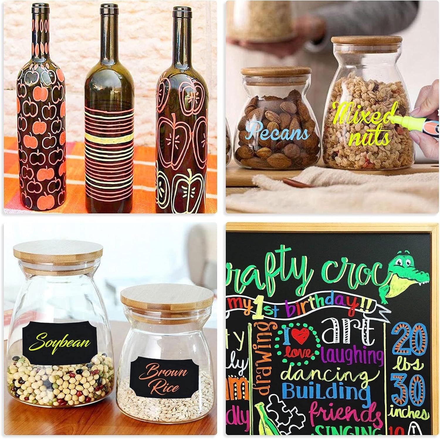 Demonstrates the product's versatility by showing multiple real-world applications including decorative wine bottles, food storage jars for nuts and grains, and creative chalkboard art, reassuring…