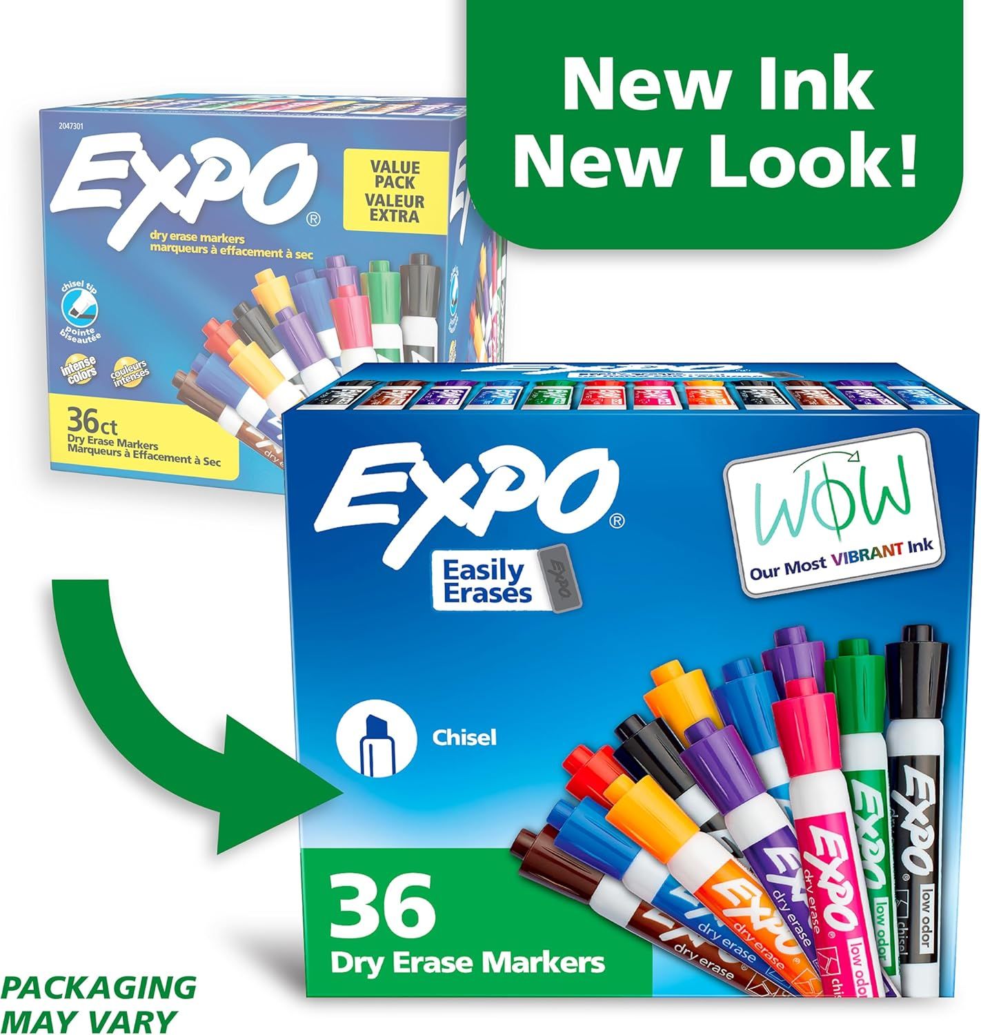 Communicates a product refresh or rebranding to shoppers, showing the transition from old packaging to new packaging while reassuring them it's the same trusted Expo brand with improved ink.