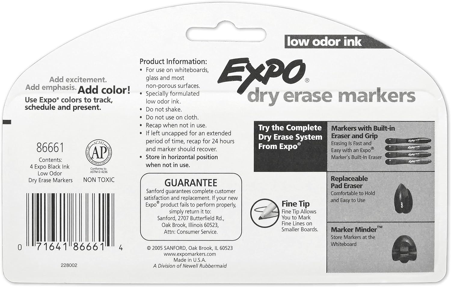 Showcases multiple distinct features of the Expo dry erase marker system in a segmented layout to help shoppers understand the various benefits and accessories available.