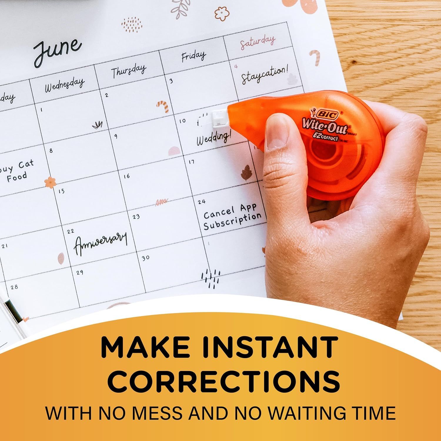 Demonstrates the product's ability to make quick, clean corrections on paper without mess or drying time, reassuring shoppers of its convenience and ease of use.