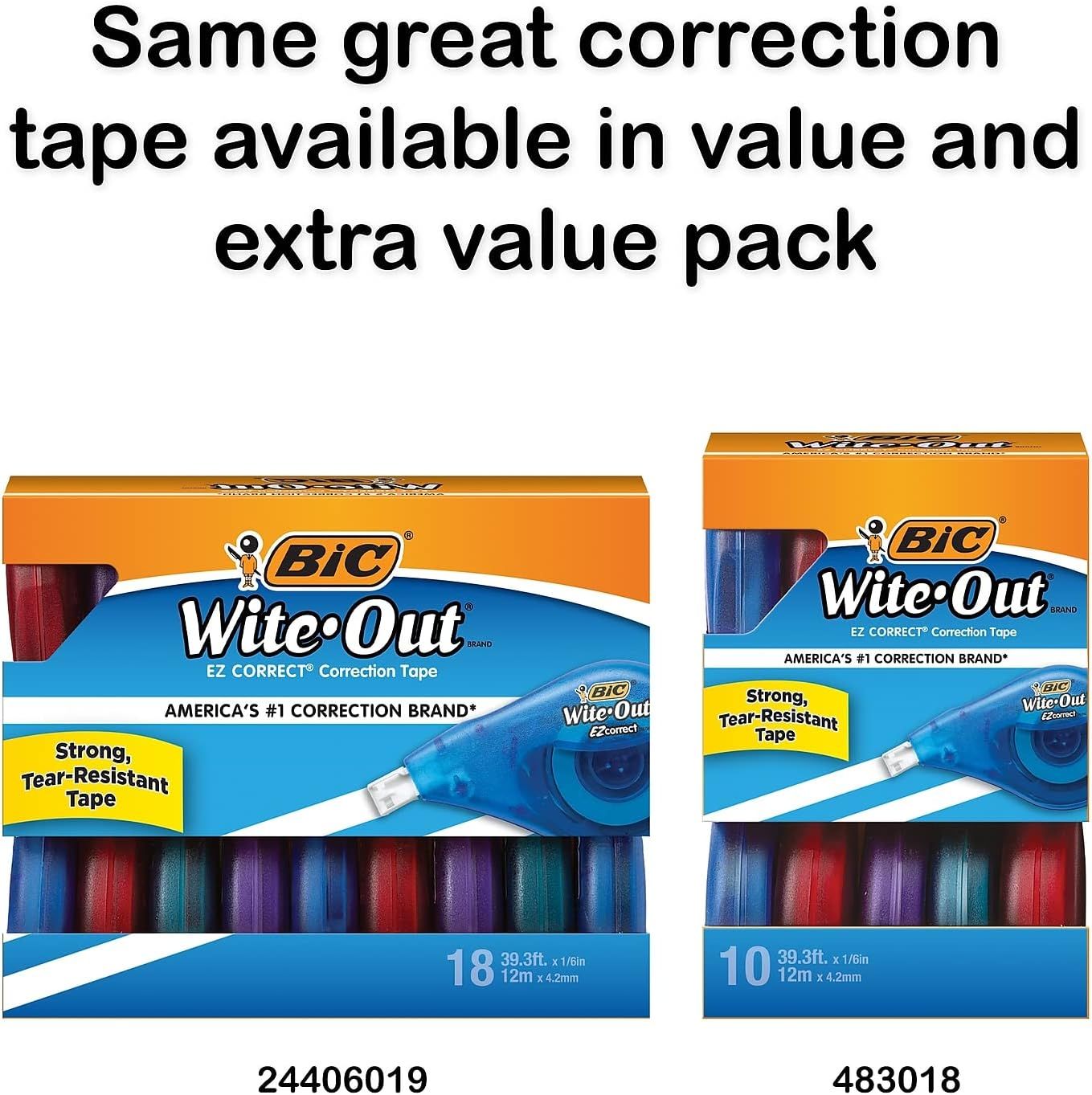 Helps shoppers choose between two pack sizes of the same BIC Wite-Out correction tape product by showing the 18-count and 10-count options side by side.