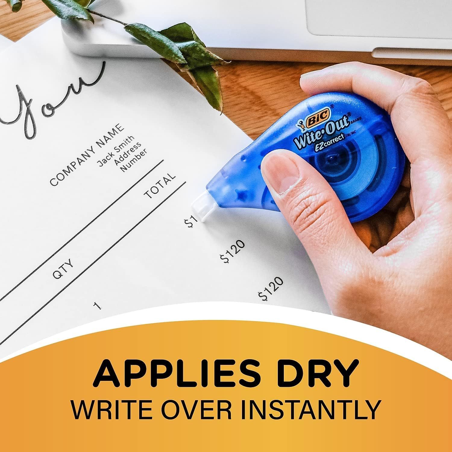 Demonstrates the product's key benefit of applying dry and allowing instant writing over corrections, reassuring shoppers of quick, clean error correction without waiting time.