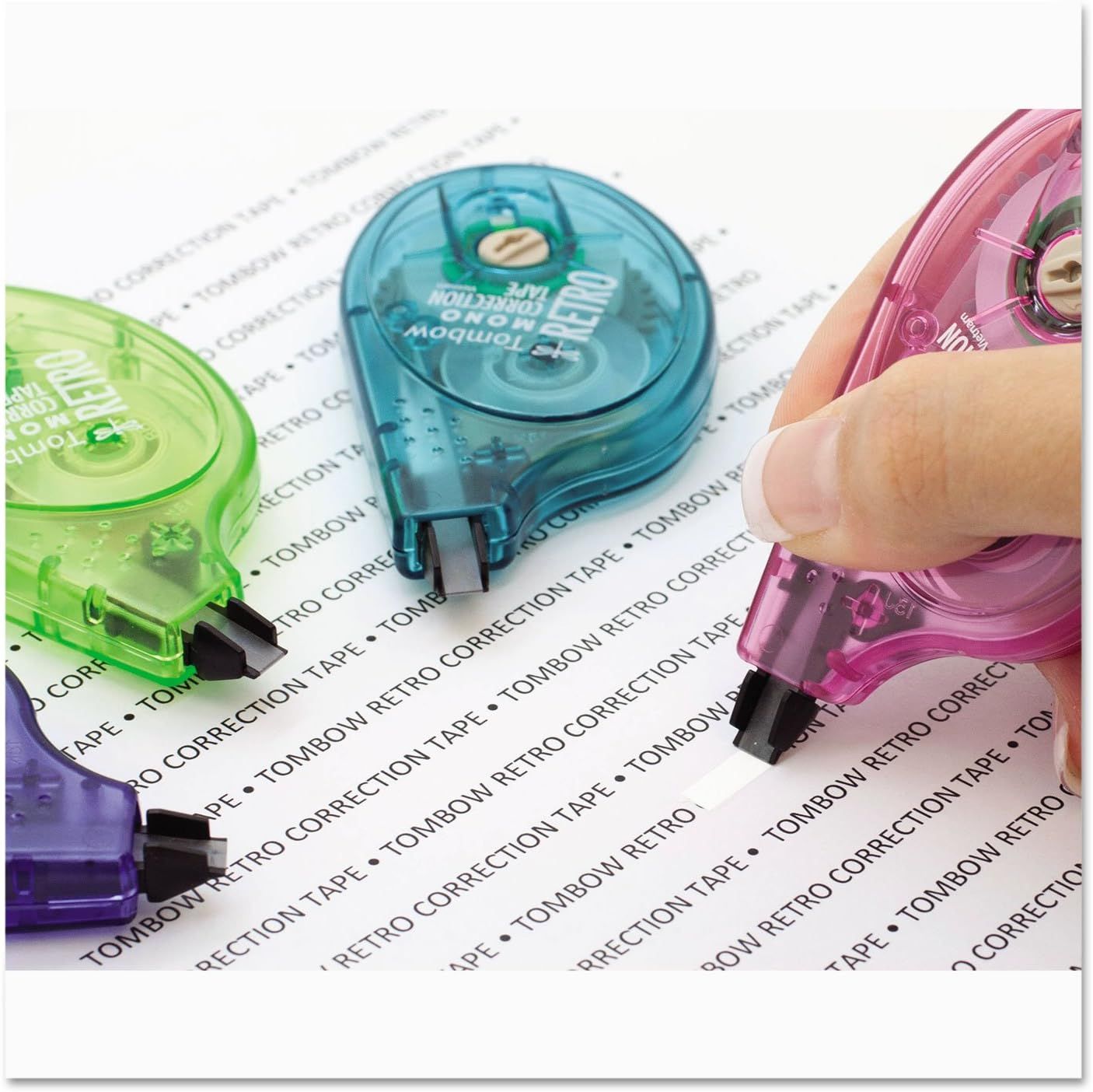 Showcases the brand's product lineup by displaying multiple color options of the same correction tape product, helping shoppers understand the variety available and choose their preferred color.