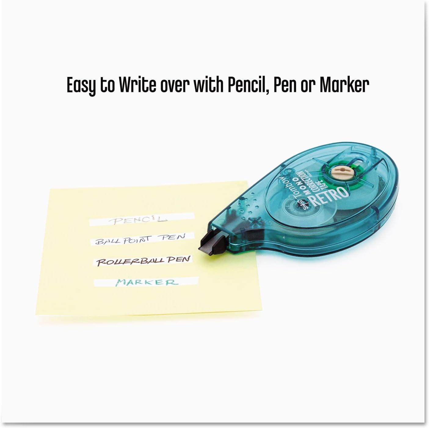 Demonstrates that the correction tape allows users to immediately write over the corrected area with pencil, pen, or marker, emphasizing convenience and versatility.