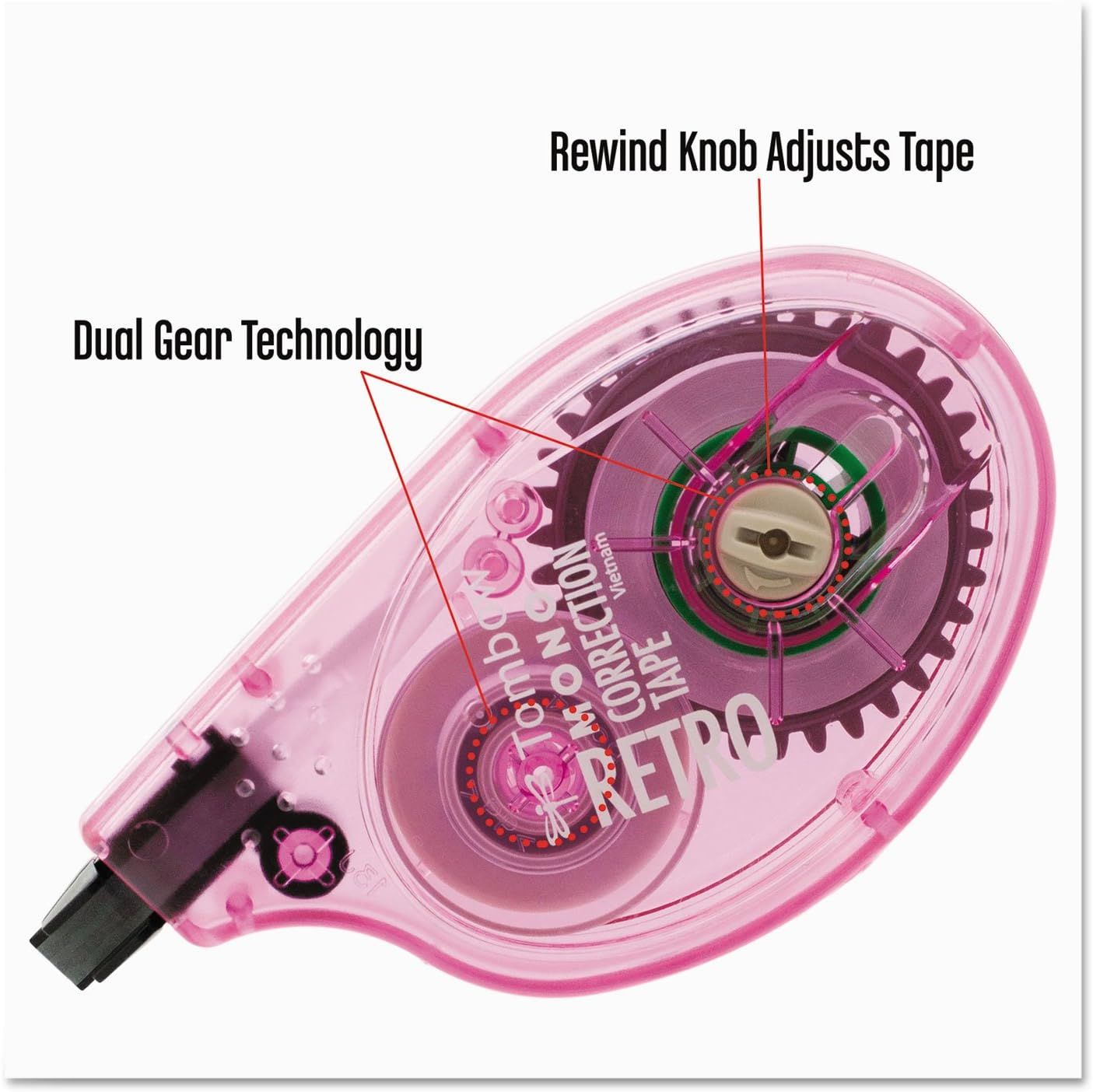 Breaks down the internal components and mechanisms of the correction tape dispenser to show shoppers how the dual gear technology and rewind knob function, building confidence in the product's…