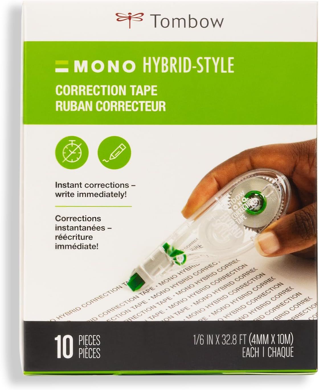 Communicates the key benefit that the correction tape allows users to write immediately after applying, without waiting for drying time.