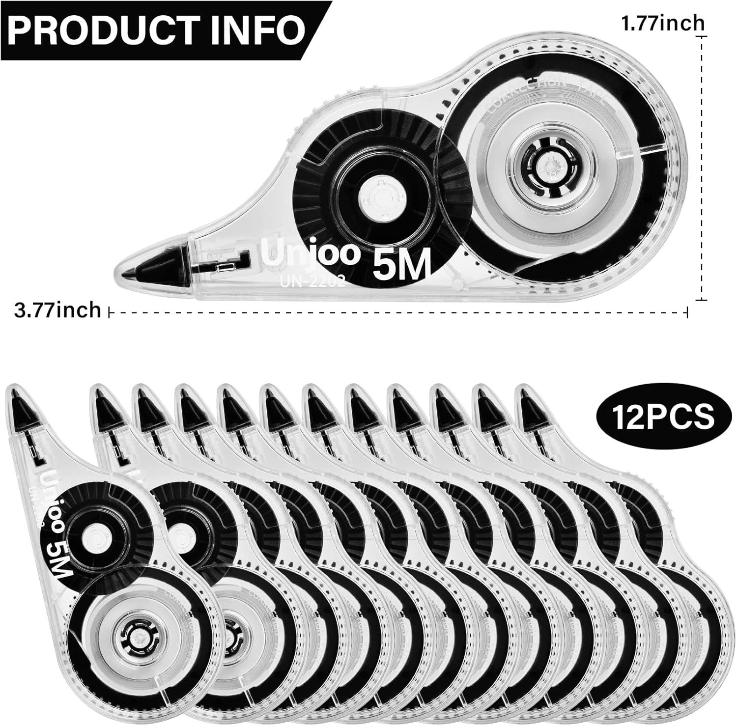 Communicates the exact physical dimensions of the correction tape dispenser (3.77 x 1.77 inches) to help shoppers understand the product's size and portability. Shows that the purchase includes 12…