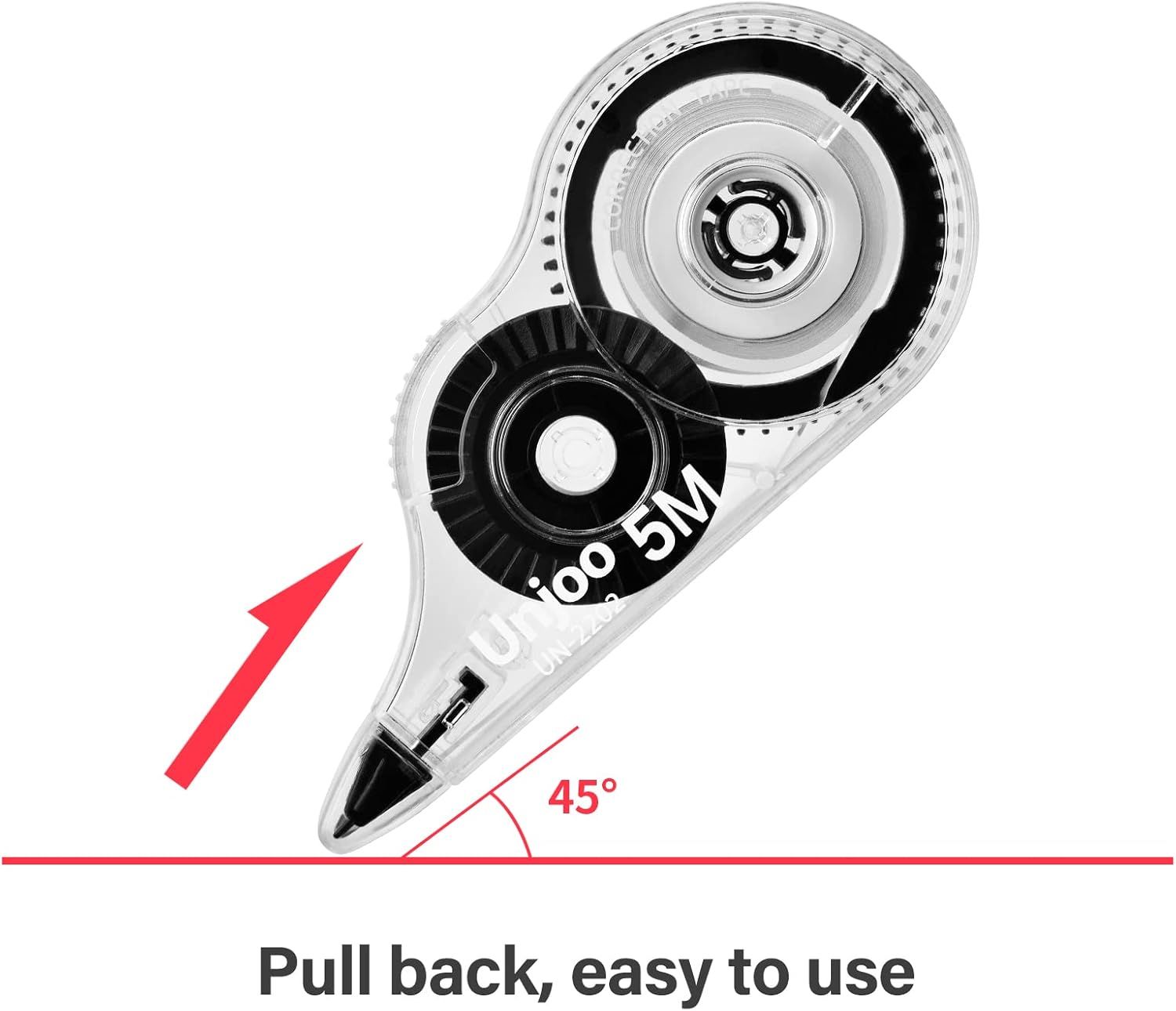 Demonstrates the simple pull-back operation of the correction tape dispenser, reassuring shoppers that the product is intuitive and easy to use. Highlights the user-friendly design and simple…