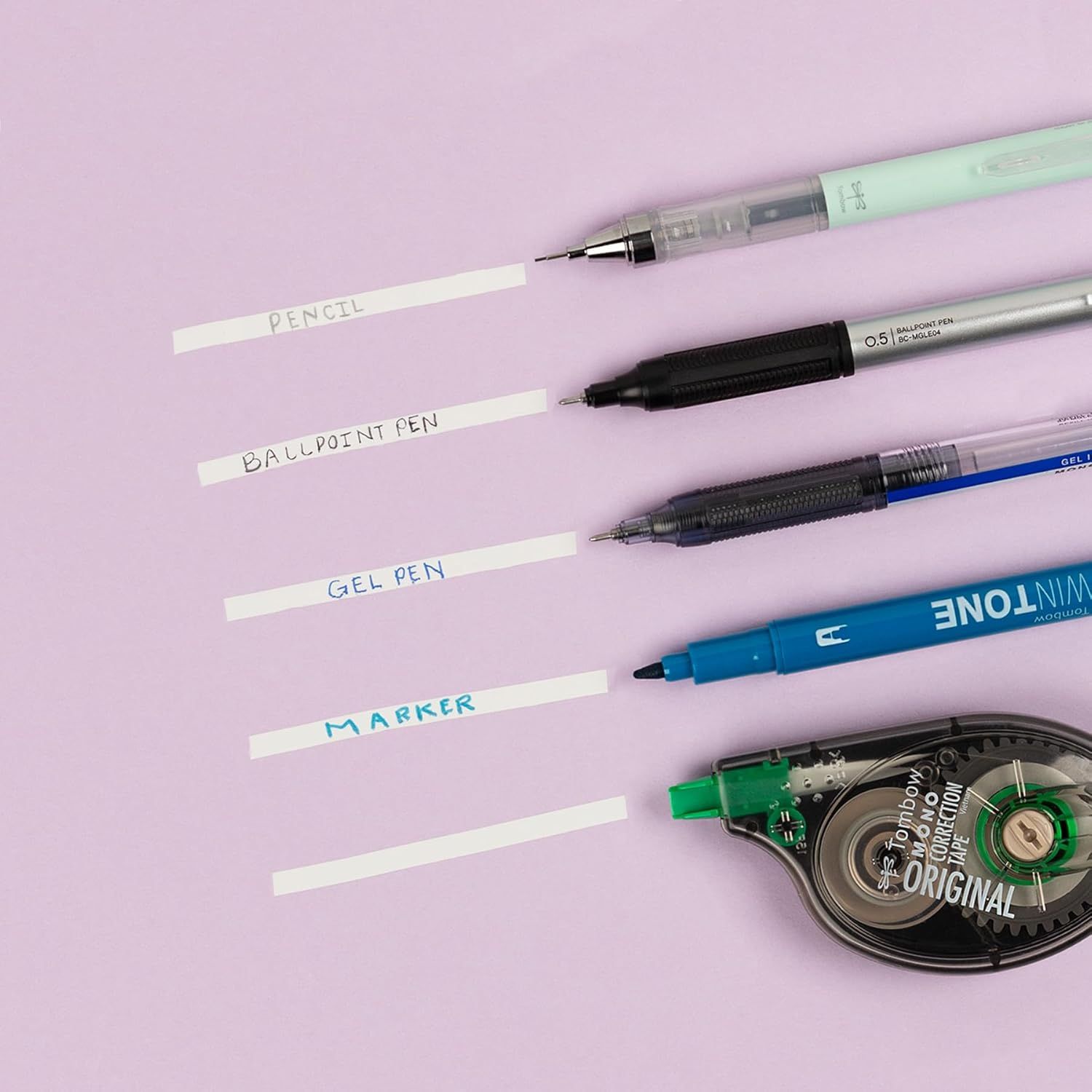 Displays the brand's product portfolio of different writing instruments (pencil, ballpoint pen, gel pen, marker, correction tape) to help shoppers understand the variety of options available and…