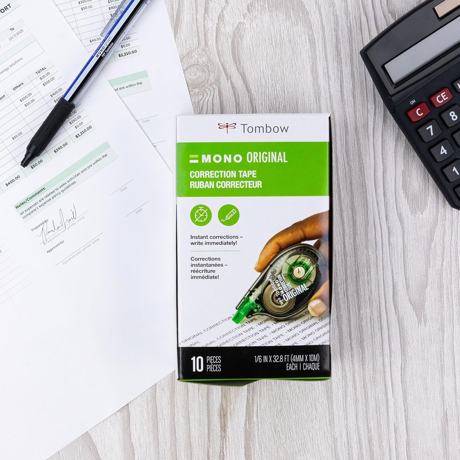 Communicates multiple key benefits of the correction tape in a segmented layout with icons and text, showing shoppers that the product allows instant corrections and immediate writing over the…