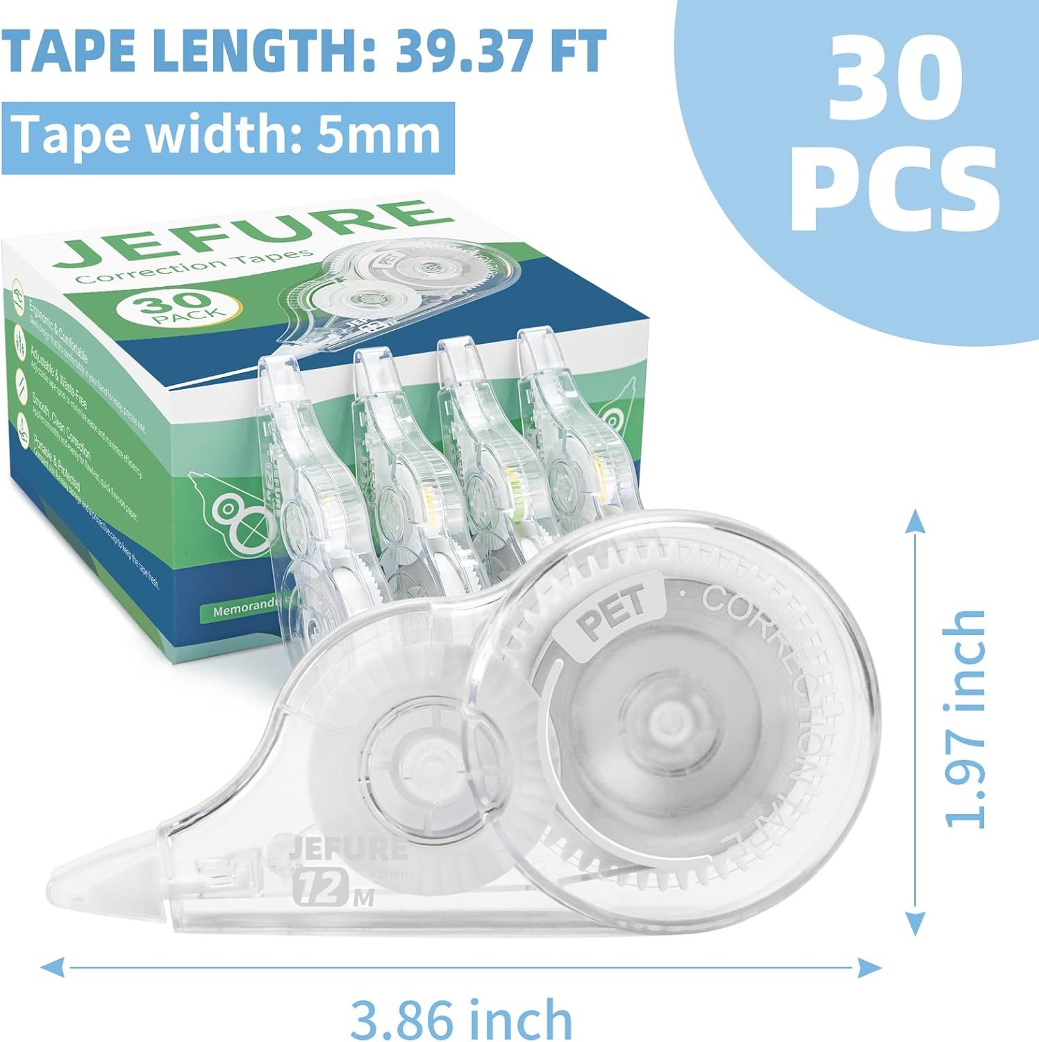 Shows the customer exactly what they receive in the package—30 correction tape dispensers with specific dimensions and tape length—to communicate value and set clear expectations about the bundle…