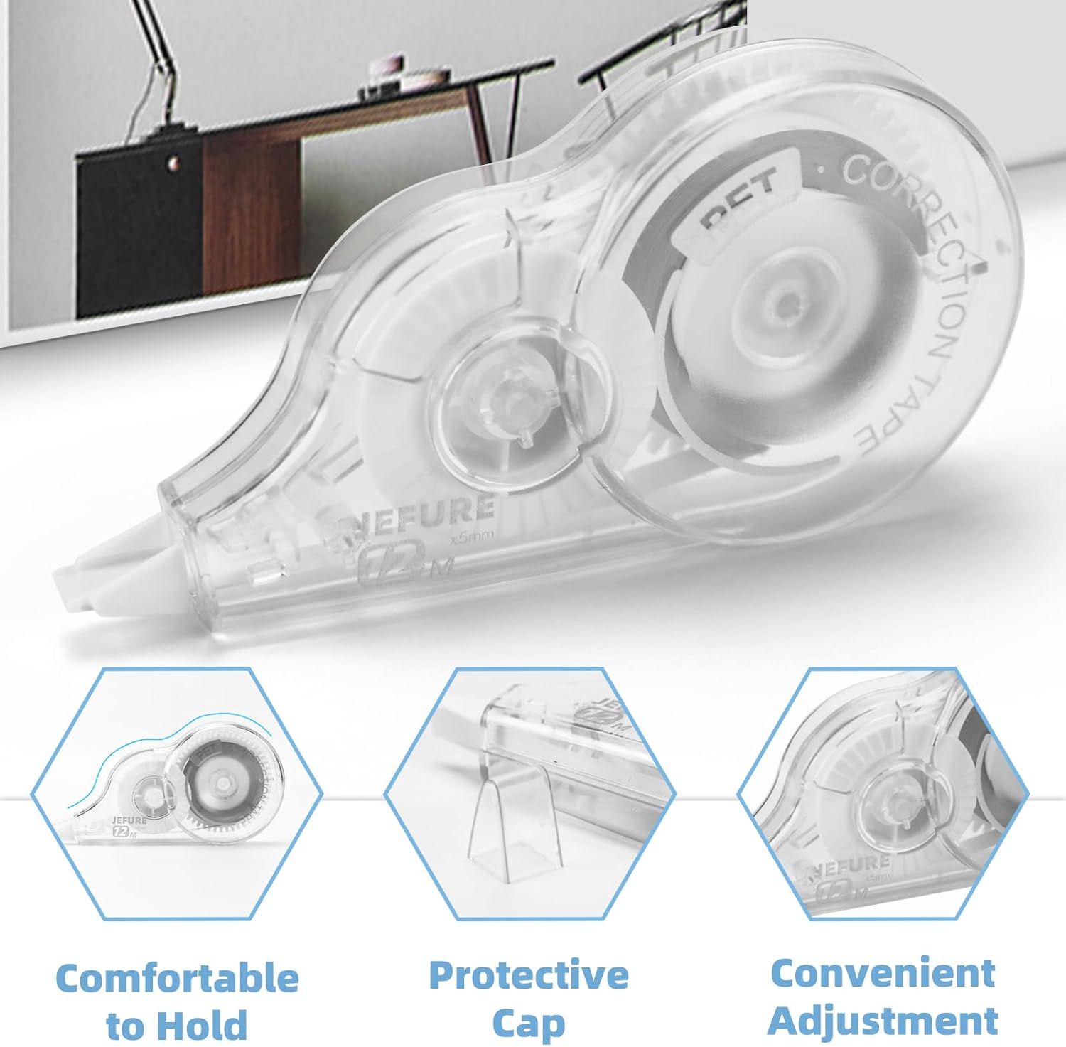 Communicates three distinct product benefits in a segmented layout to show shoppers the ergonomic design, protective features, and ease of adjustment.