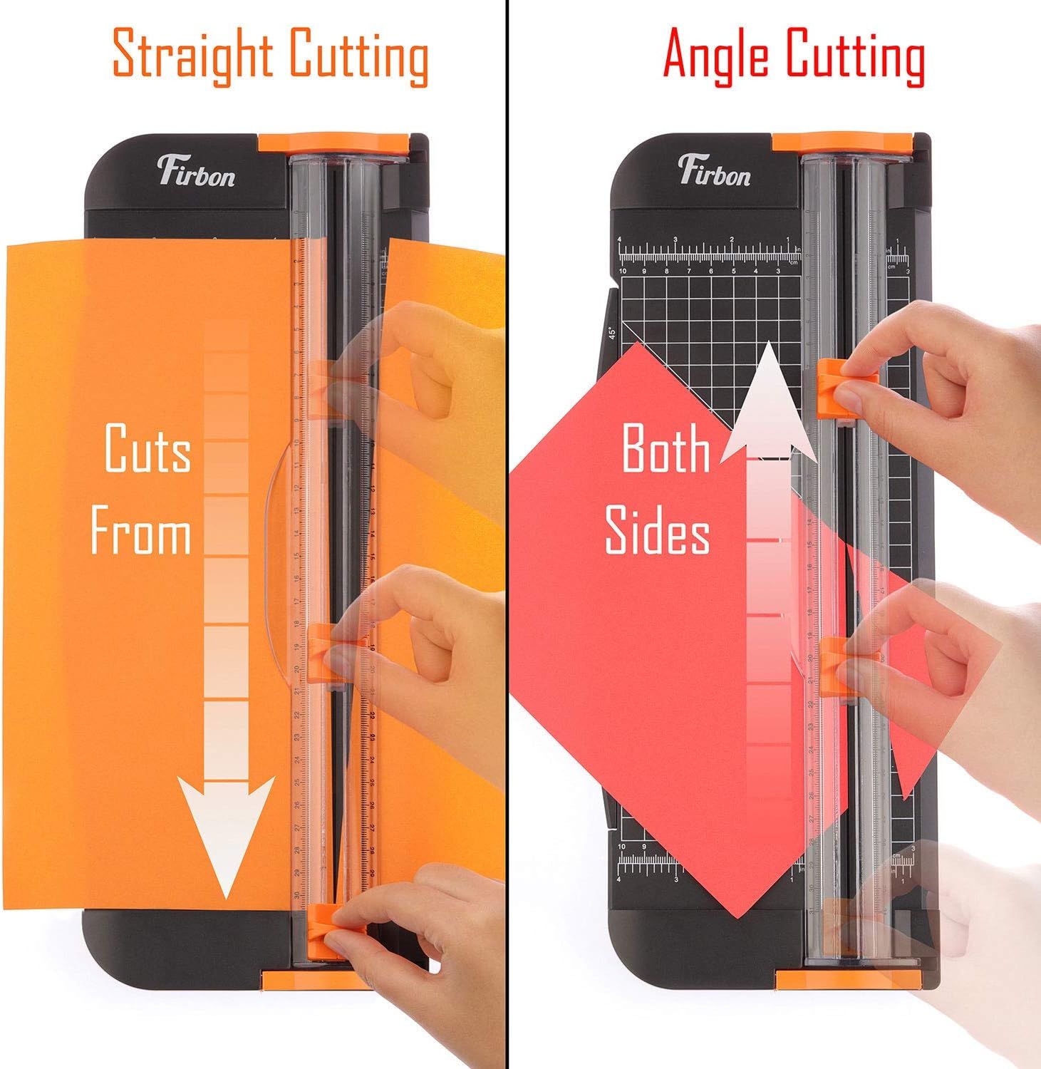 Demonstrates the two cutting modes of the paper trimmer, showing shoppers how to use the product for both straight cuts and angle cuts. Highlights the dual functionality of the paper trimmer with a…
