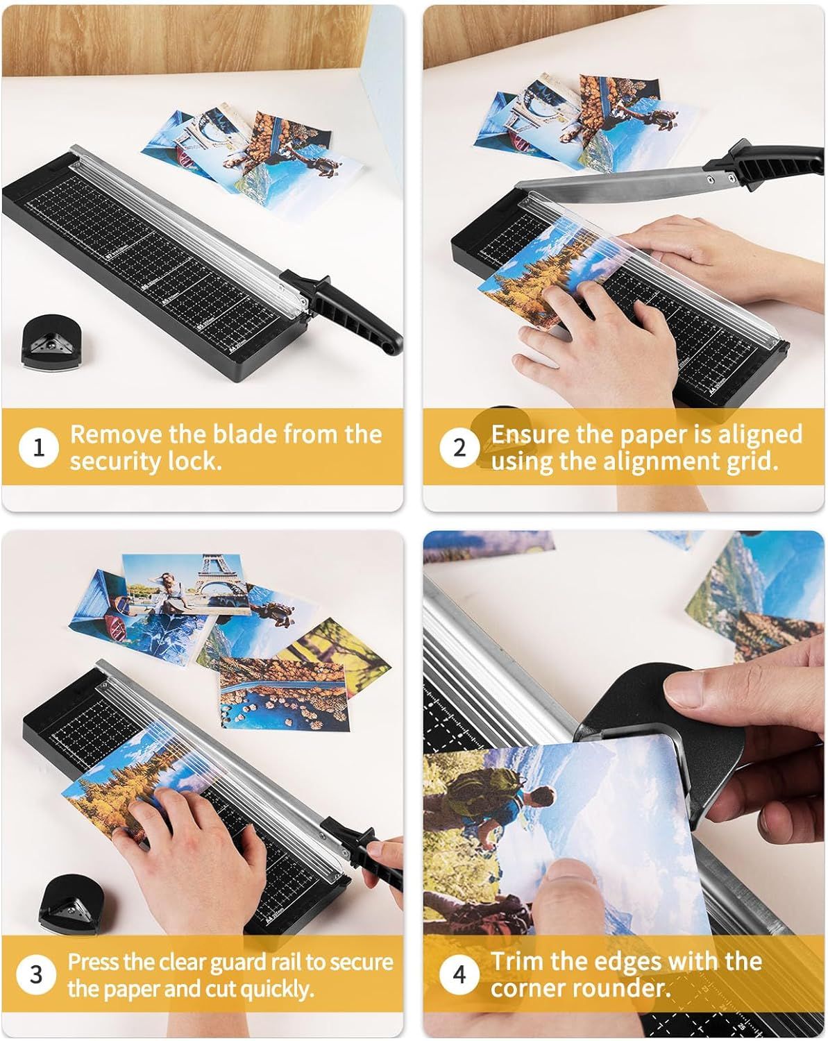This image provides clear step-by-step instructions on how to safely use the paper trimmer, from unlocking the blade to aligning paper and making cuts, helping shoppers understand the product is…