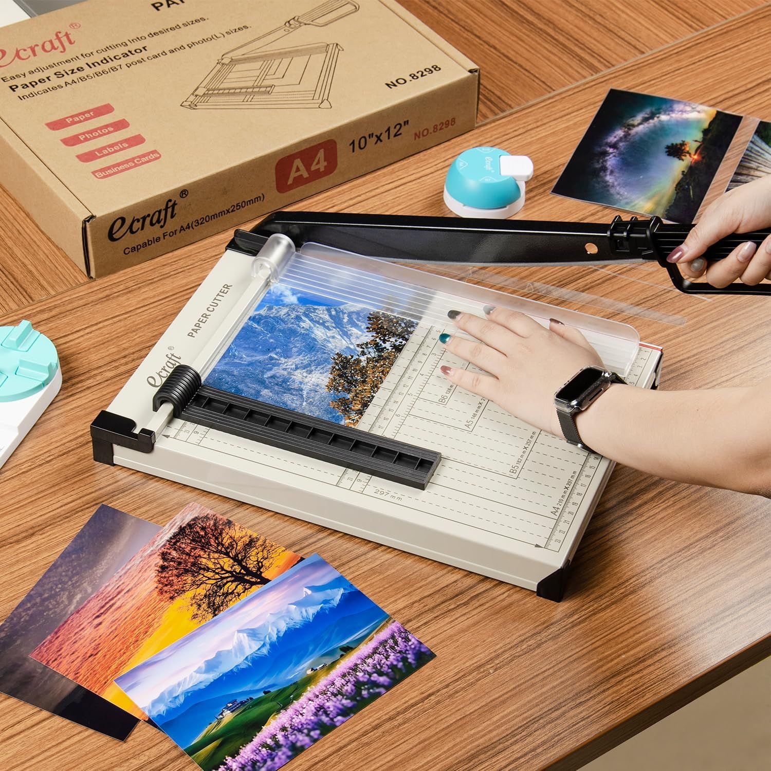 Demonstrates how to use the paper cutter/laminator device, showing the product in action to reassure shoppers that it's simple and straightforward to operate. Shows the product being used in a…