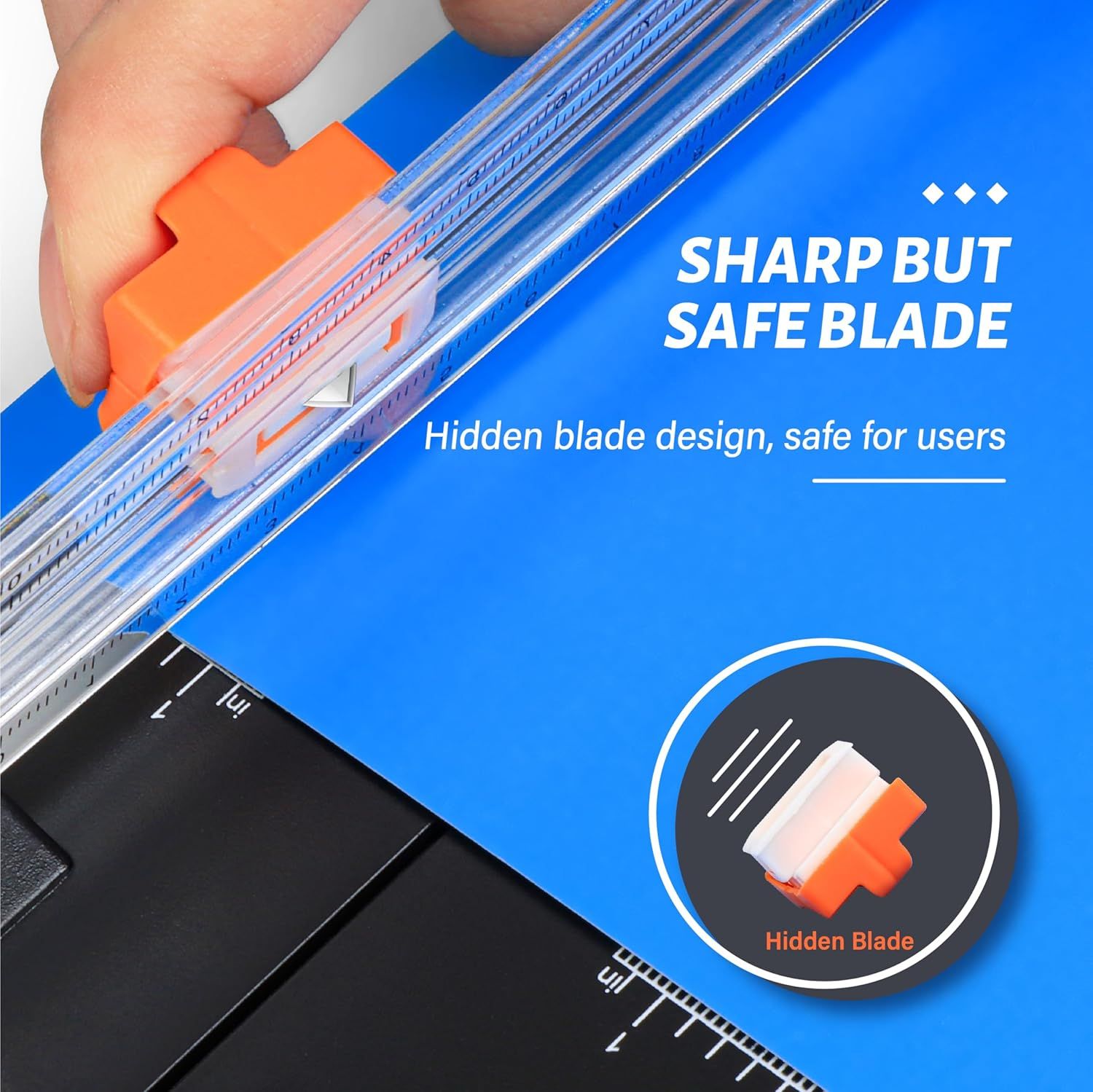 Communicates that the product features a hidden blade design that keeps users safe from accidental cuts while maintaining sharp cutting performance. Highlights the key benefit that the blade is…