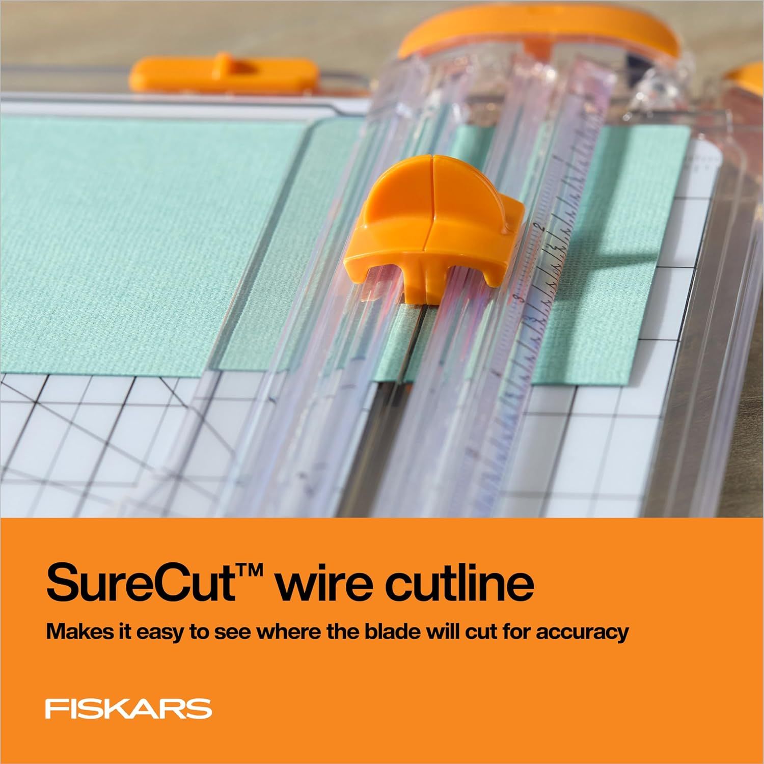 Highlights the SureCut wire cutline feature that allows users to see exactly where the blade will cut, emphasizing accuracy and ease of use for crafting projects.