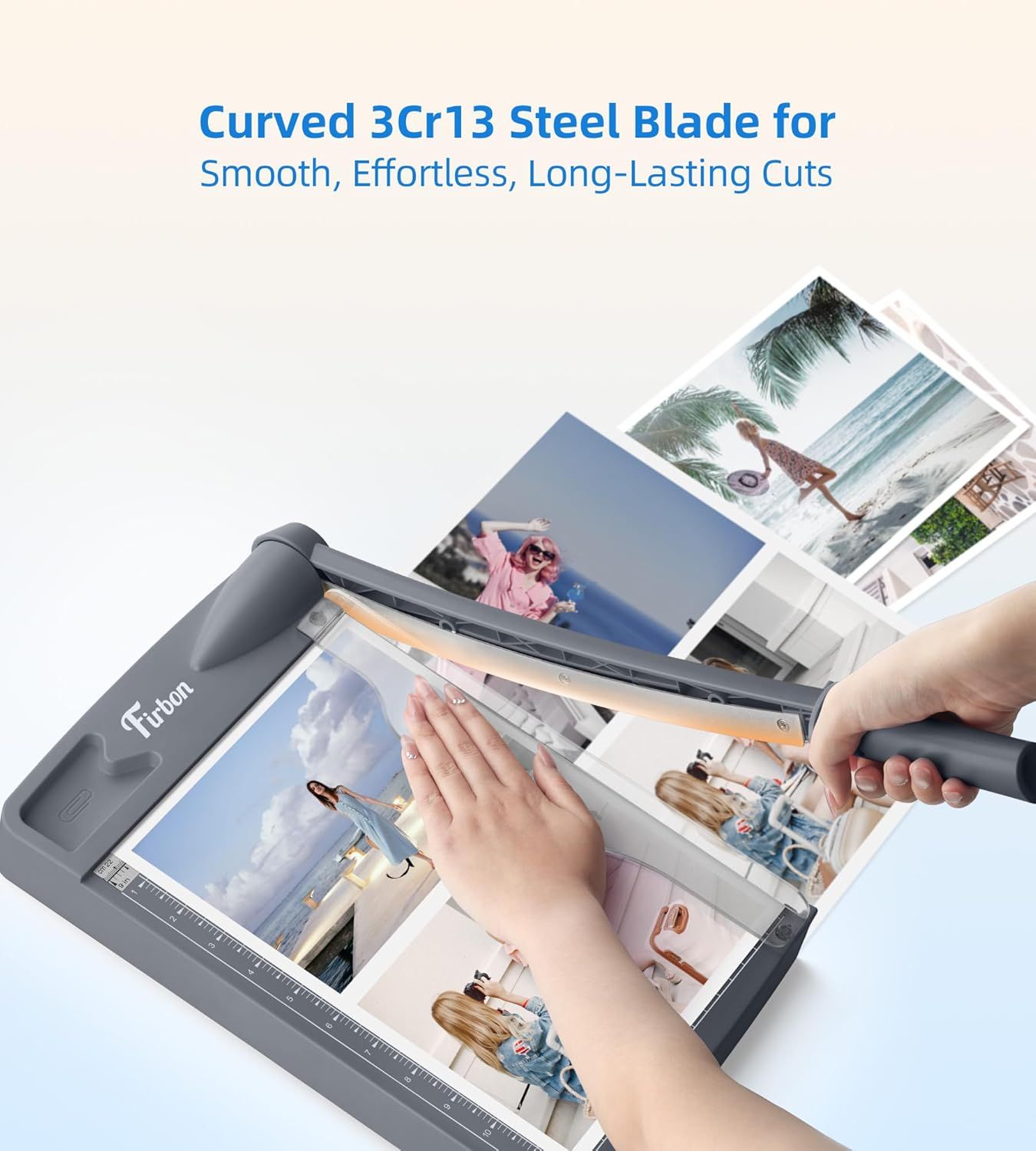 Highlights the product's premium curved steel blade material and its key benefits of smooth, effortless cutting and durability to reassure shoppers of quality and performance.