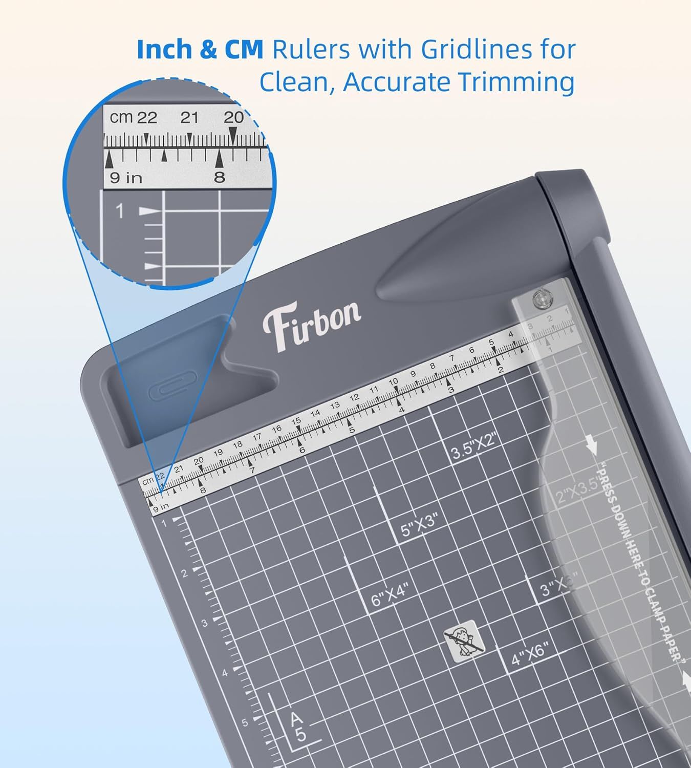 Highlights the paper trimmer's dual inch and centimeter rulers with gridlines, emphasizing precision and accuracy for clean trimming tasks.