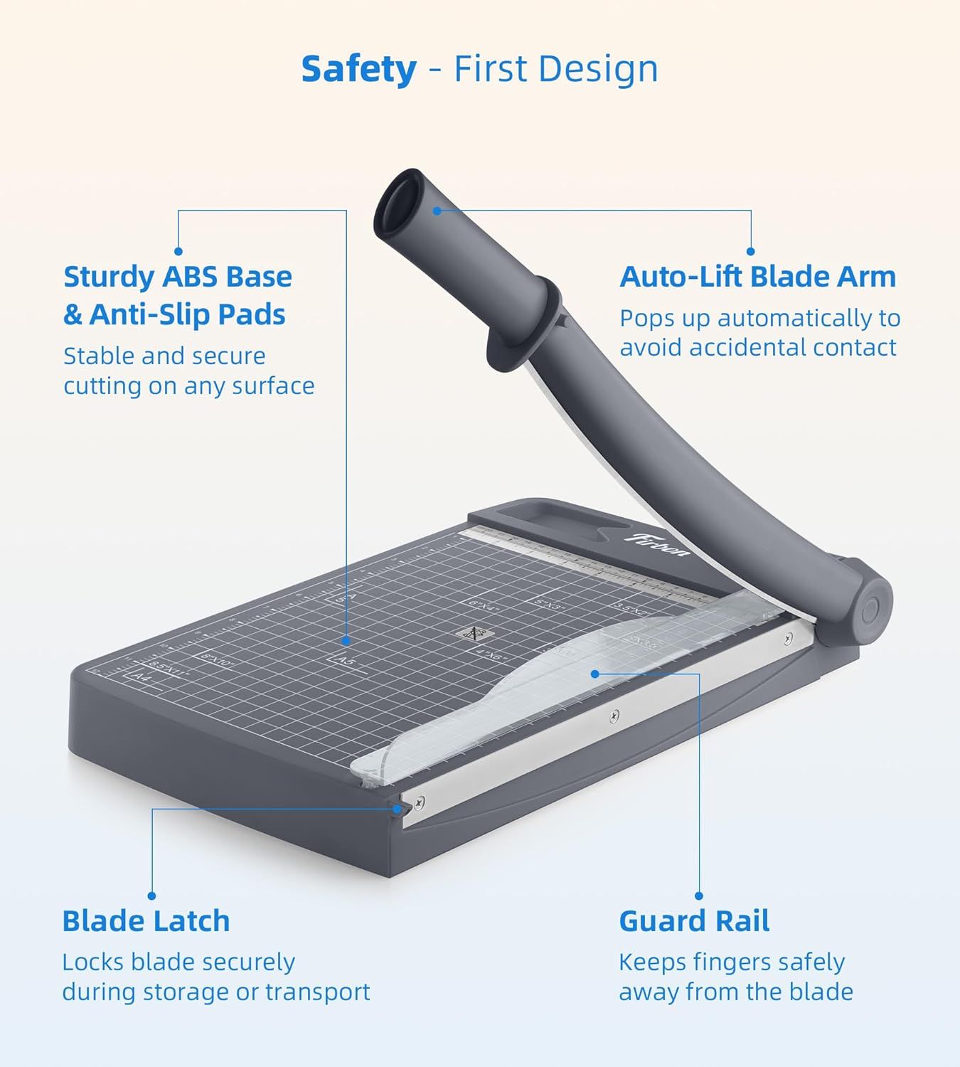 Breaks down the paper cutter's key safety components to reassure shoppers that the product is designed with multiple safety features to prevent accidents and ensure secure operation. Emphasizes the…