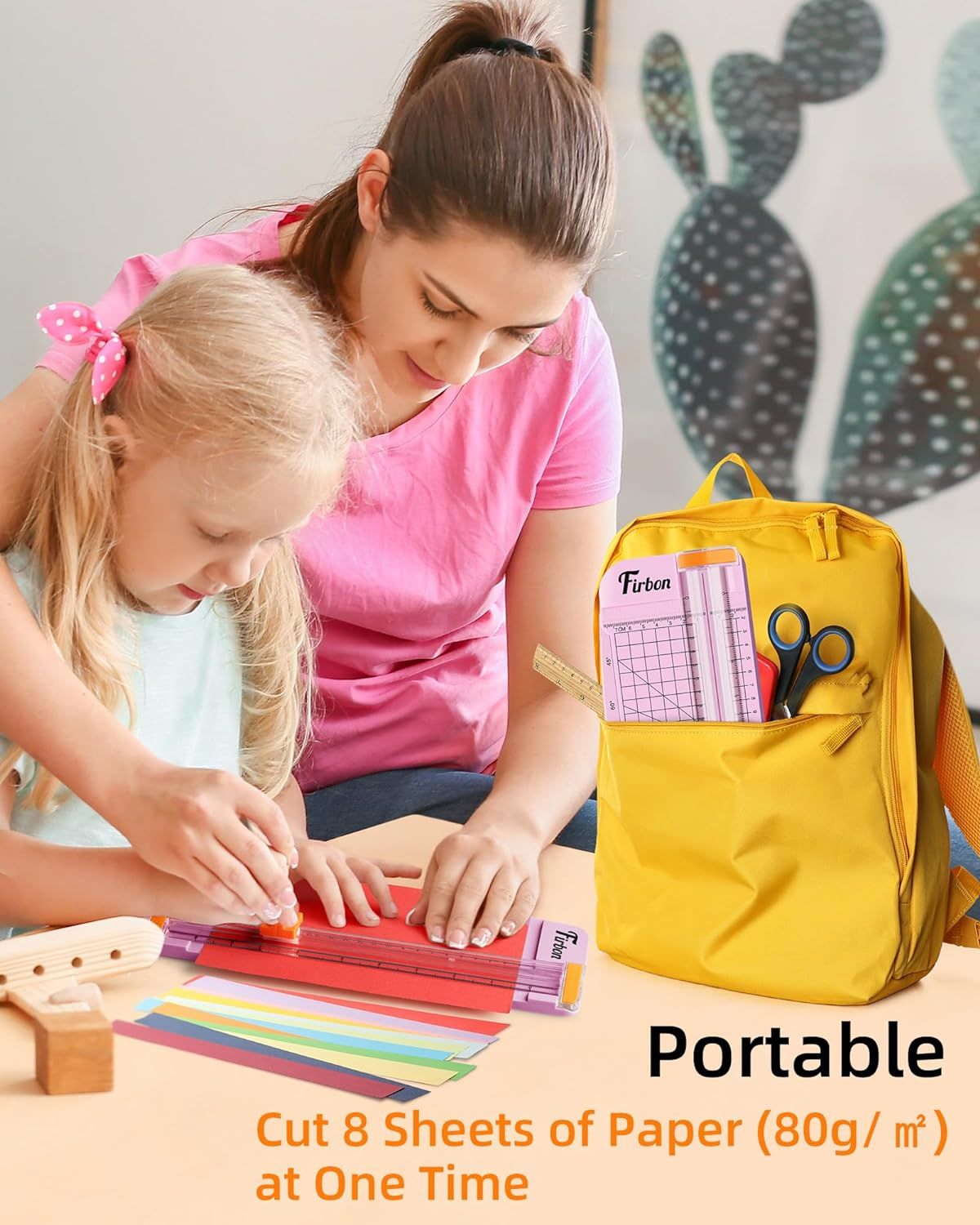 Communicates the product's cutting capacity (8 sheets of 80g/m² paper at once) to reassure shoppers of its performance and efficiency for crafting or school projects. Highlights the portability of…