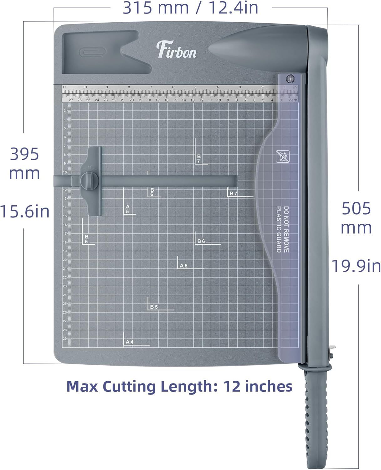 Communicates the exact physical dimensions of the paper trimmer (315mm x 505mm / 12.4in x 19.9in) and its maximum cutting capacity (12 inches) to help shoppers understand if it fits their workspace…