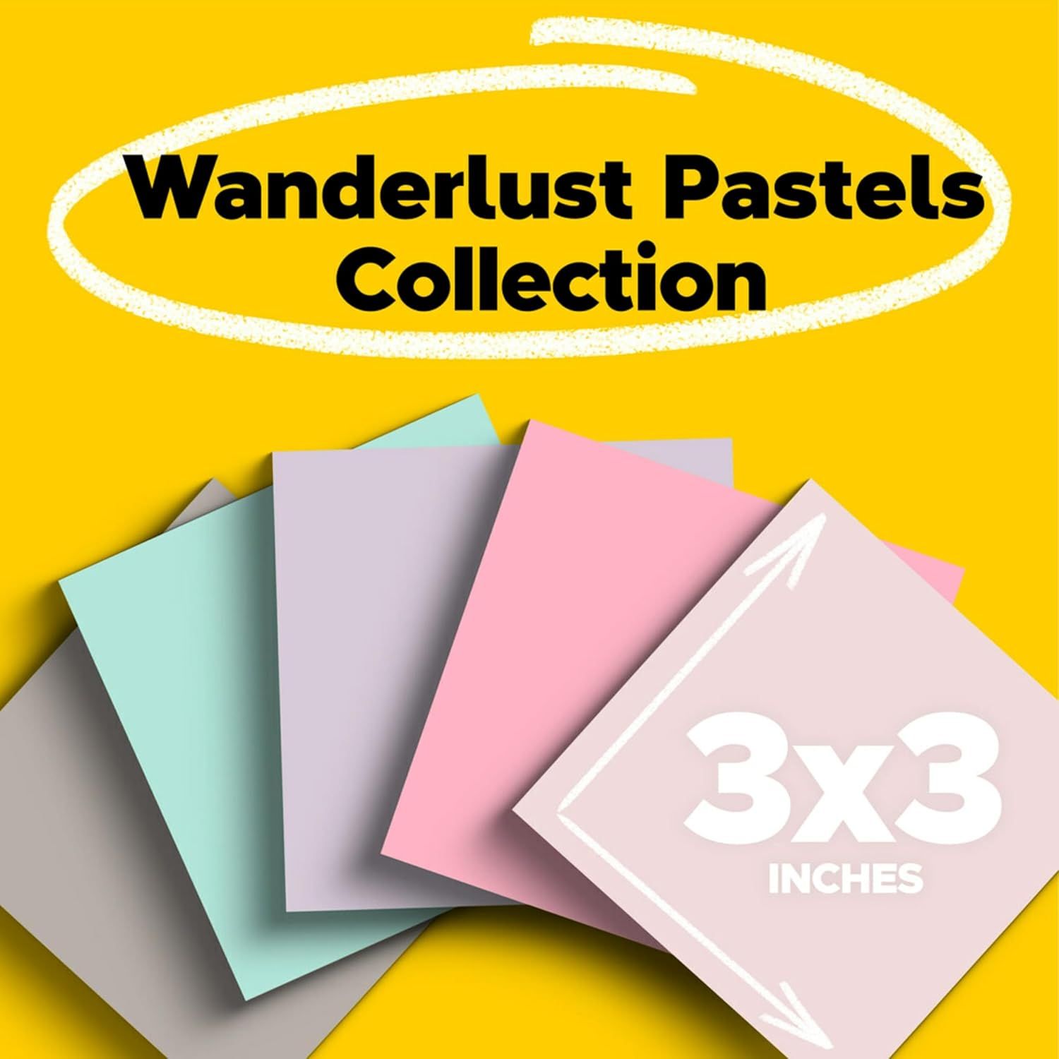Communicates the physical size of the product (3x3 inches) to help shoppers understand the dimensions of the pastel collection items. Showcases the brand's product collection and color options…