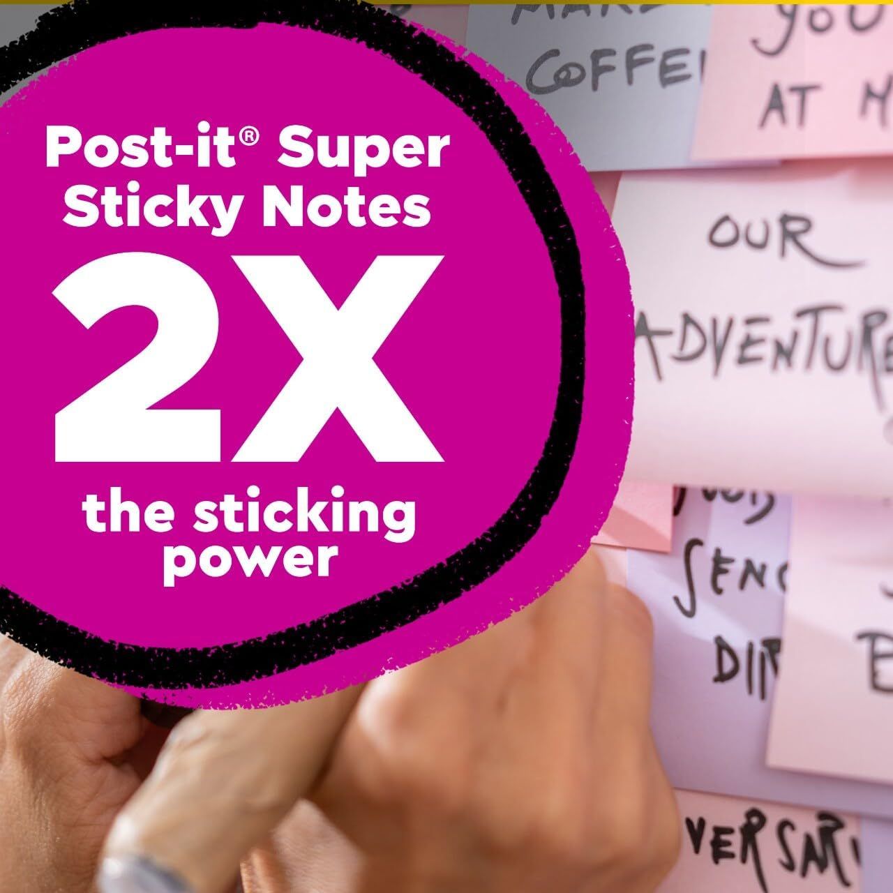 Communicates the product's superior adhesive performance with a bold quantifiable claim to reassure shoppers that these sticky notes will stay in place better than standard options. Highlights the…